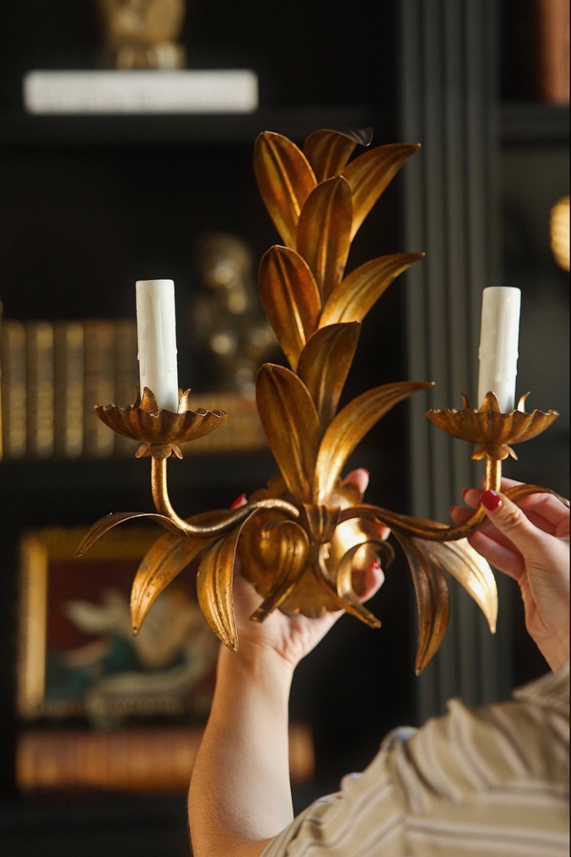 Pair of Mid-Century Italian Gilt Tole Palm Frond Two-Light Wall Sconces