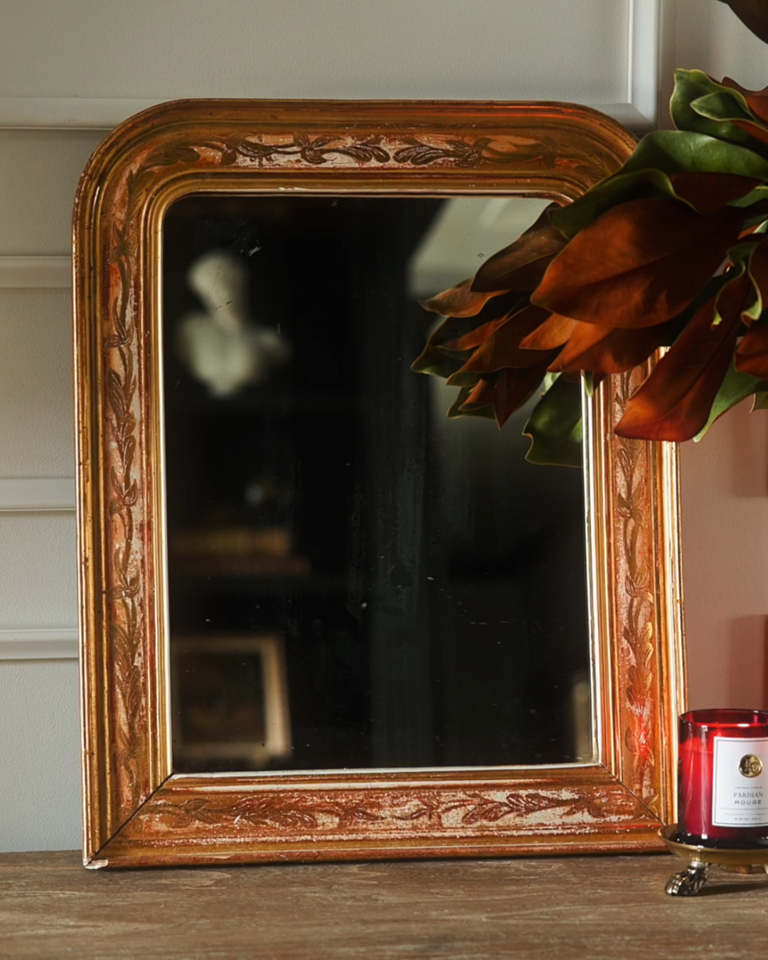 19th Century French Giltwood Mirror with Carved Laurel Motif