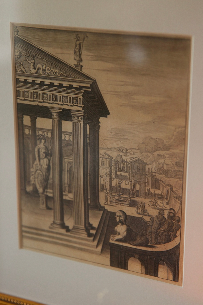 18th Century European Architectural Engraving of a Classical Temple Scene - Newly Custom Framed