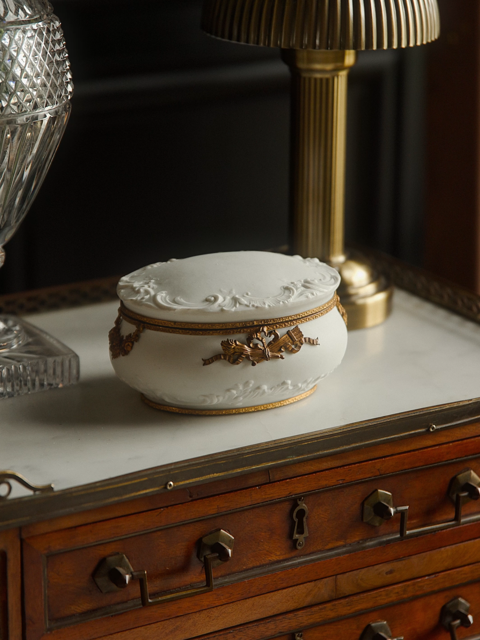 Antique 19th Century Porcelain Casket with Gilded Bronze Ribbon & Lyre Mounts