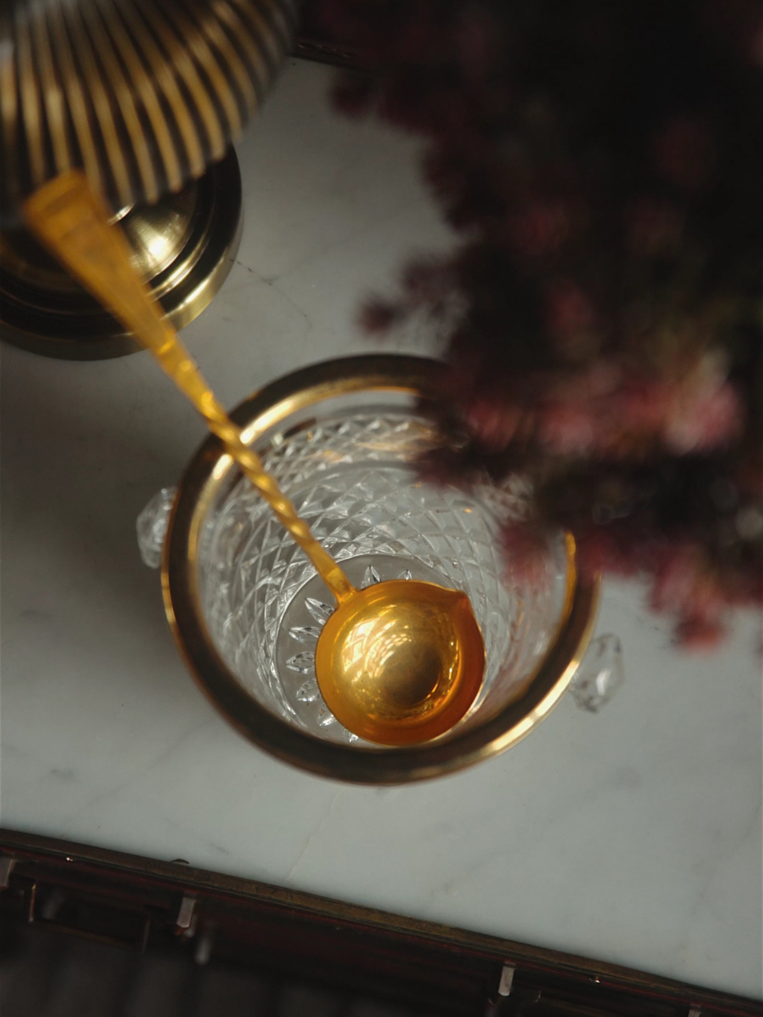 Cut Crystal Ice Bucket with Gilt Rim & Ladle