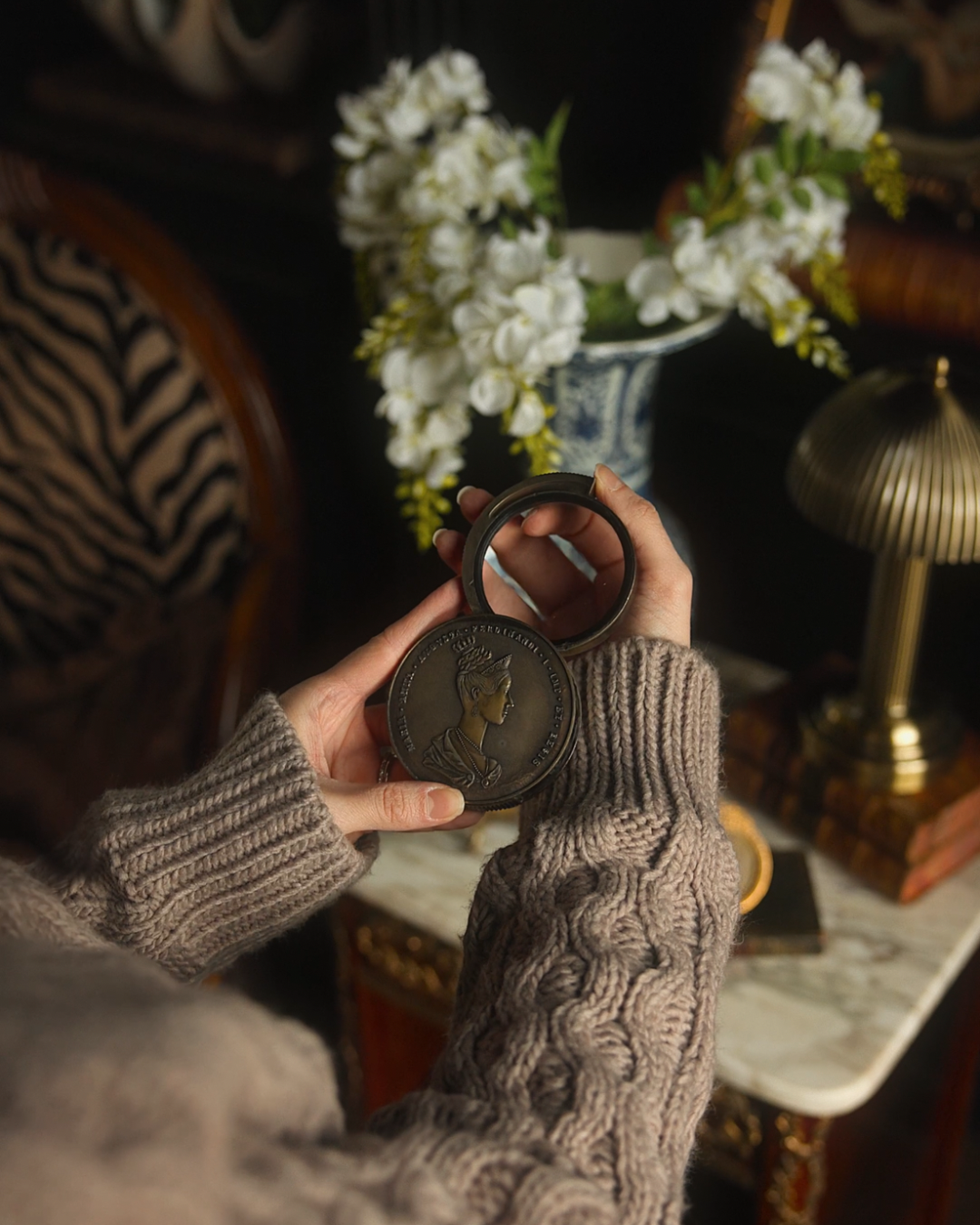 19th Century French Bronze Portrait Medallion with Convex Magnifying Glass
