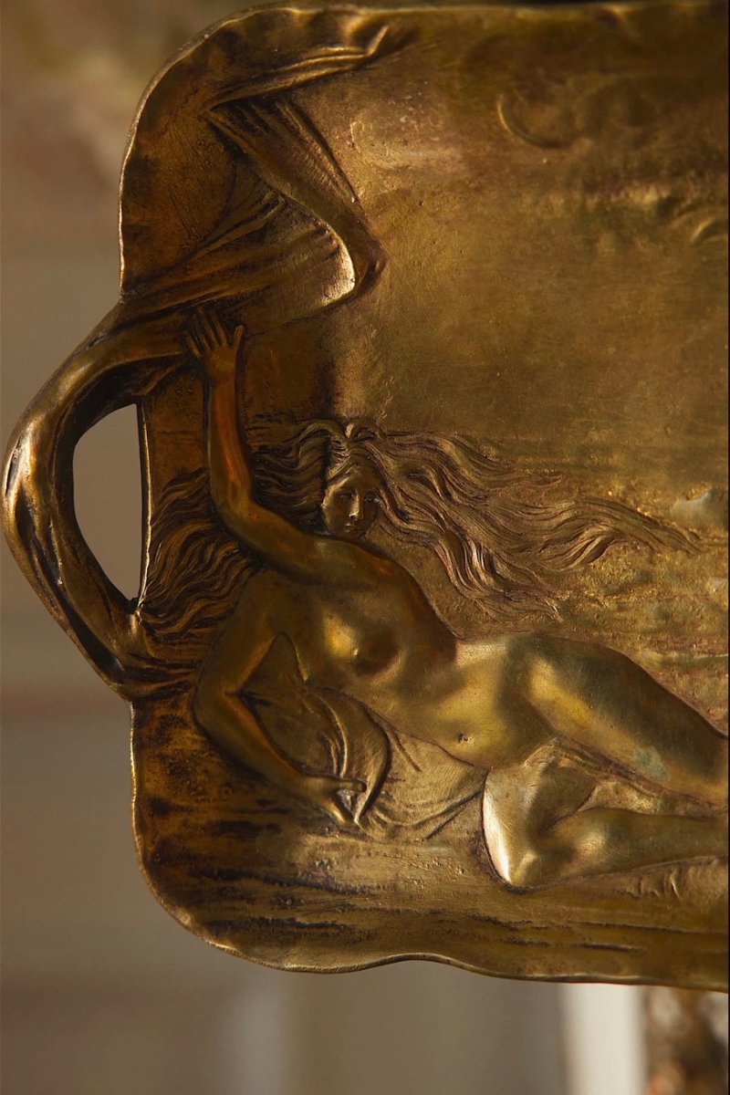 French Art Nouveau Bronze Figural Tray with Reclining Nude and Octopus, Circa 1895–1910