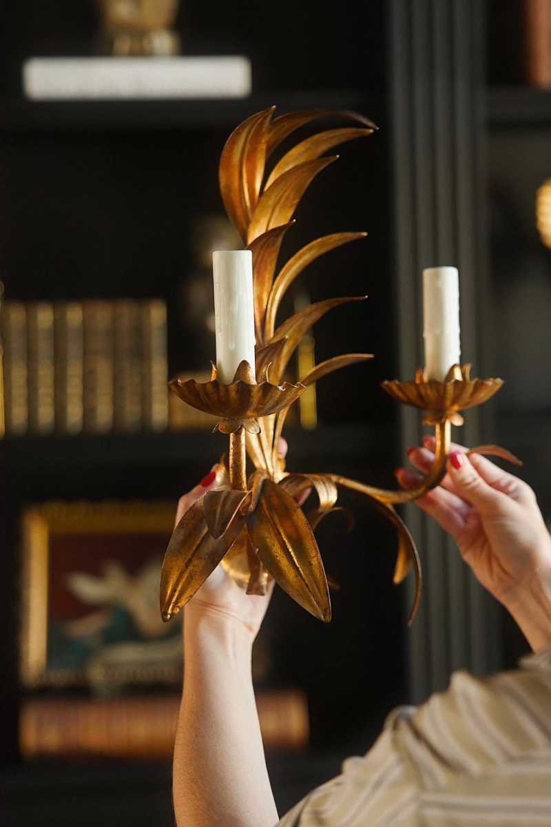 Pair of Mid-Century Italian Gilt Tole Palm Frond Two-Light Wall Sconces