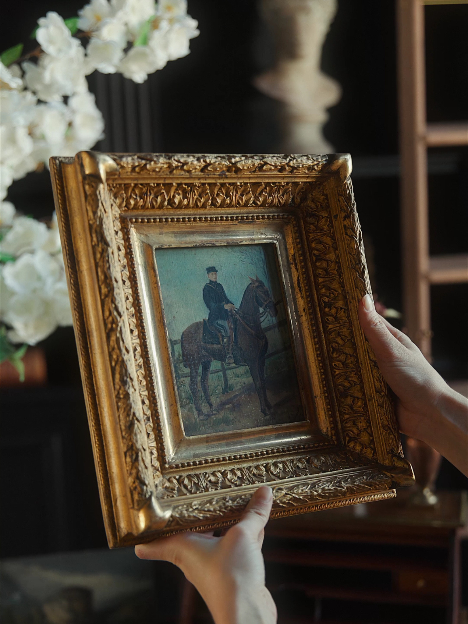 19th-Century Equestrian Portrait in Original Giltwood Frame