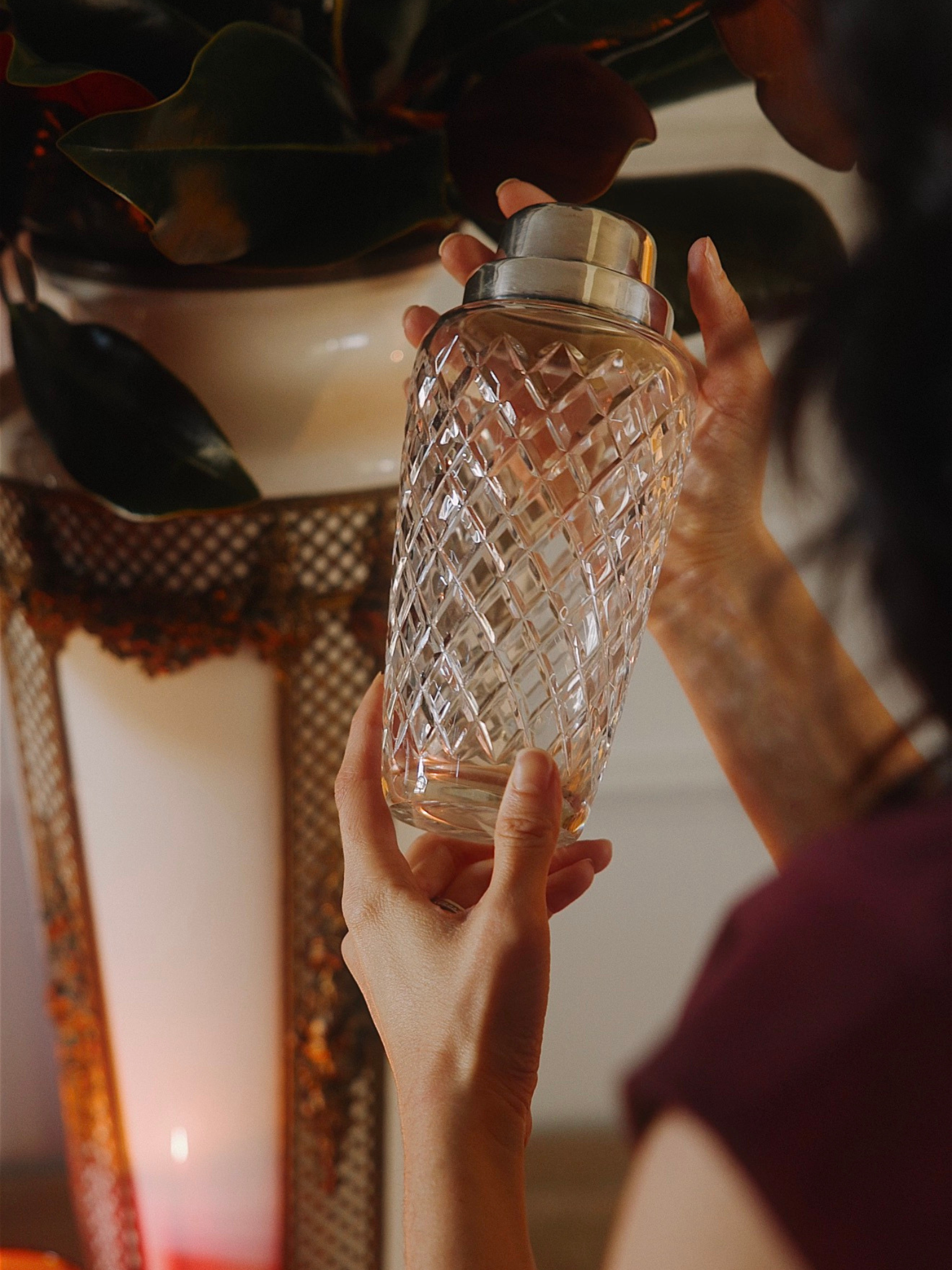 Mid-20th-Century European Cut Crystal Cocktail Shaker With Chrome Lid