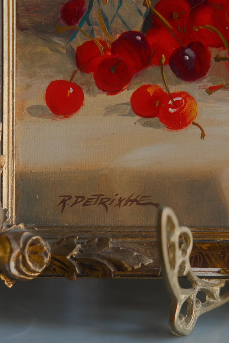 Basket of Cherries | Signed Still Life Oil on Wood Panel