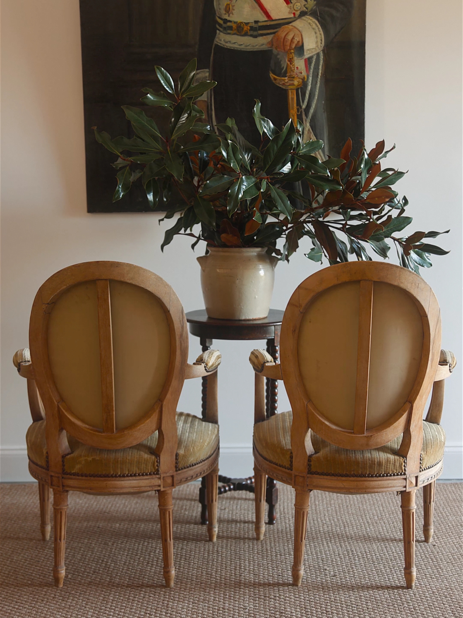 Pair of Louis XVI Revival Armchairs in Striped Velvet Upholstery