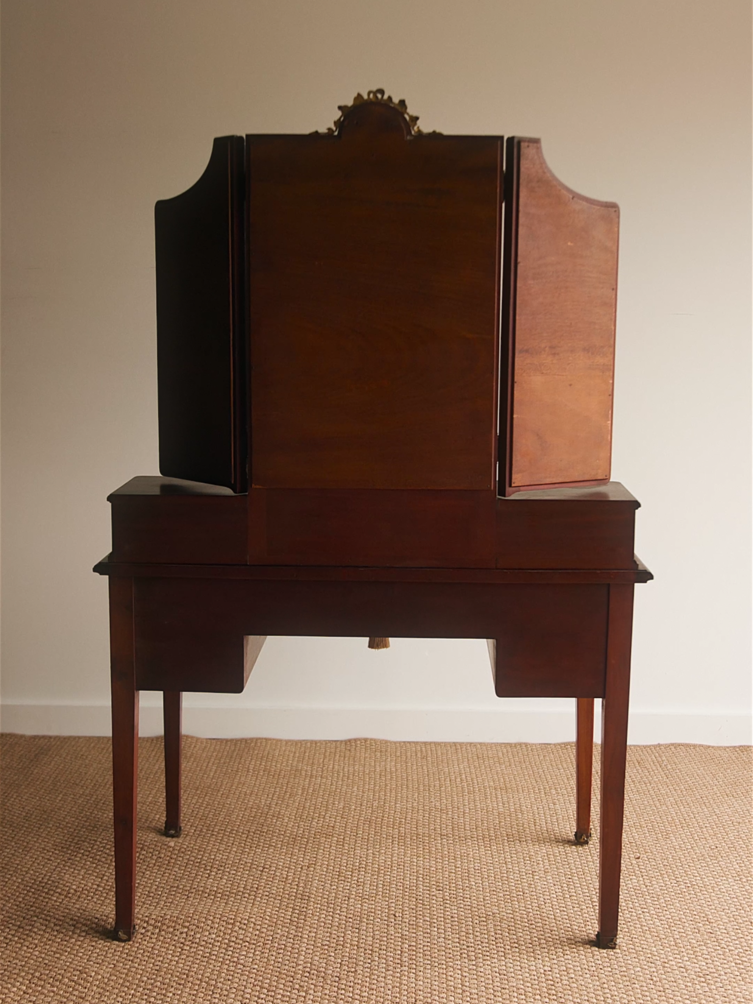 French Trifold Mirrored Vanity With Bronze Accents & Upholstered Chair