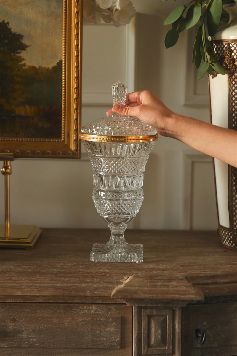 French Cut Crystal Lidded Compote with Gilt Bronze Rim
