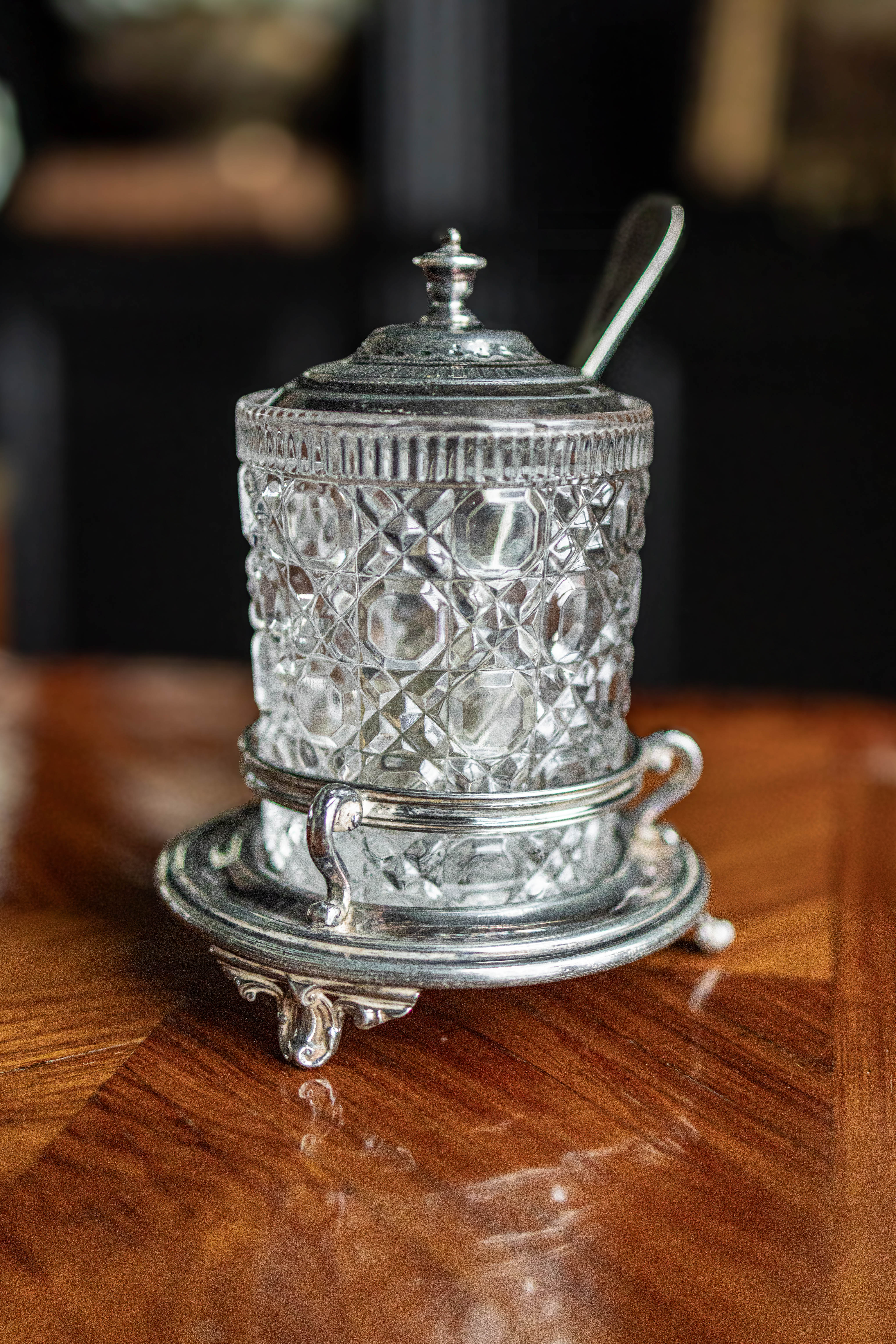 Antique Crystal & Silver Condiment Jar with Spoon