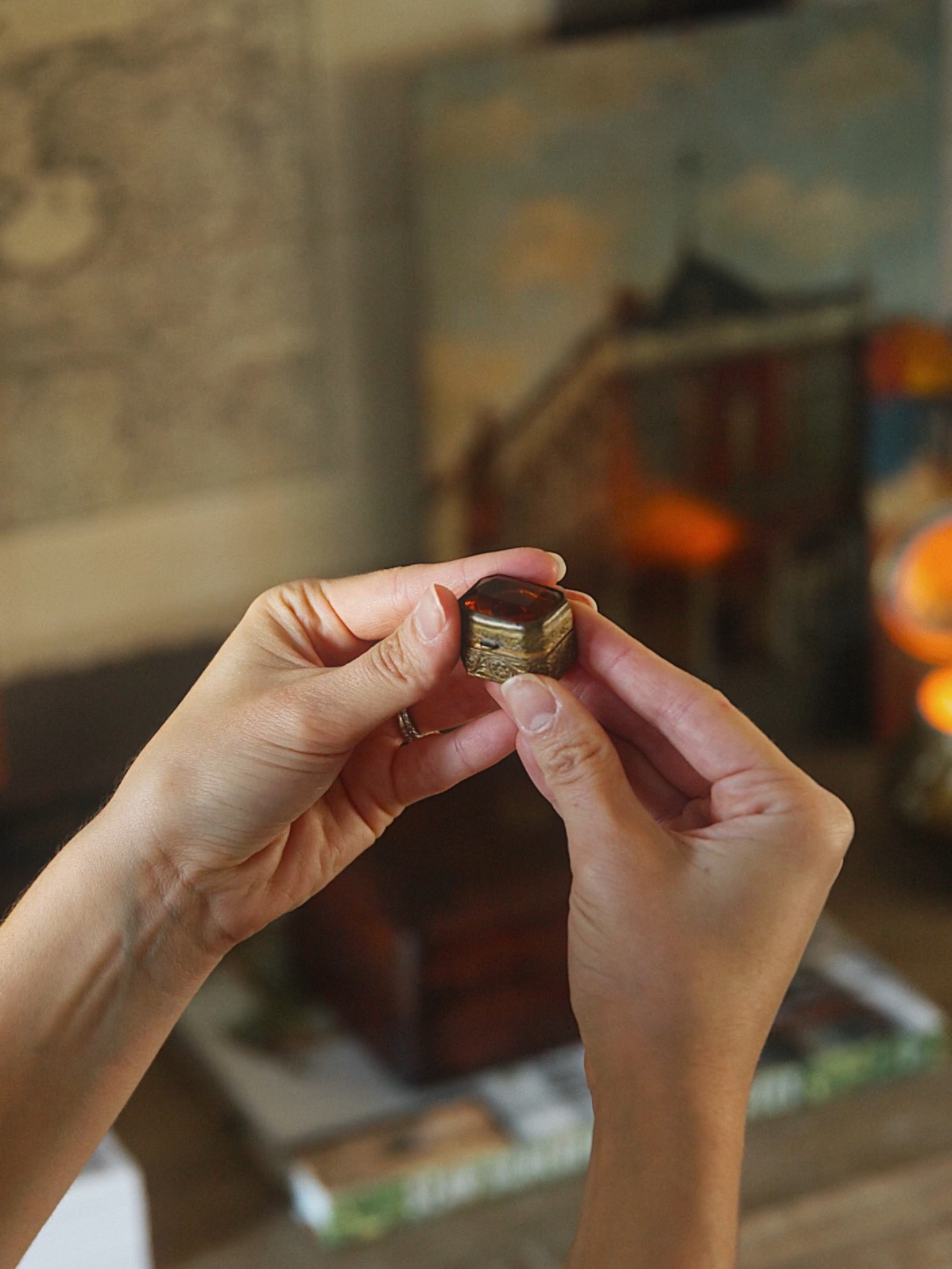 Antique Miniature Trinket Box with Amber Glass Top