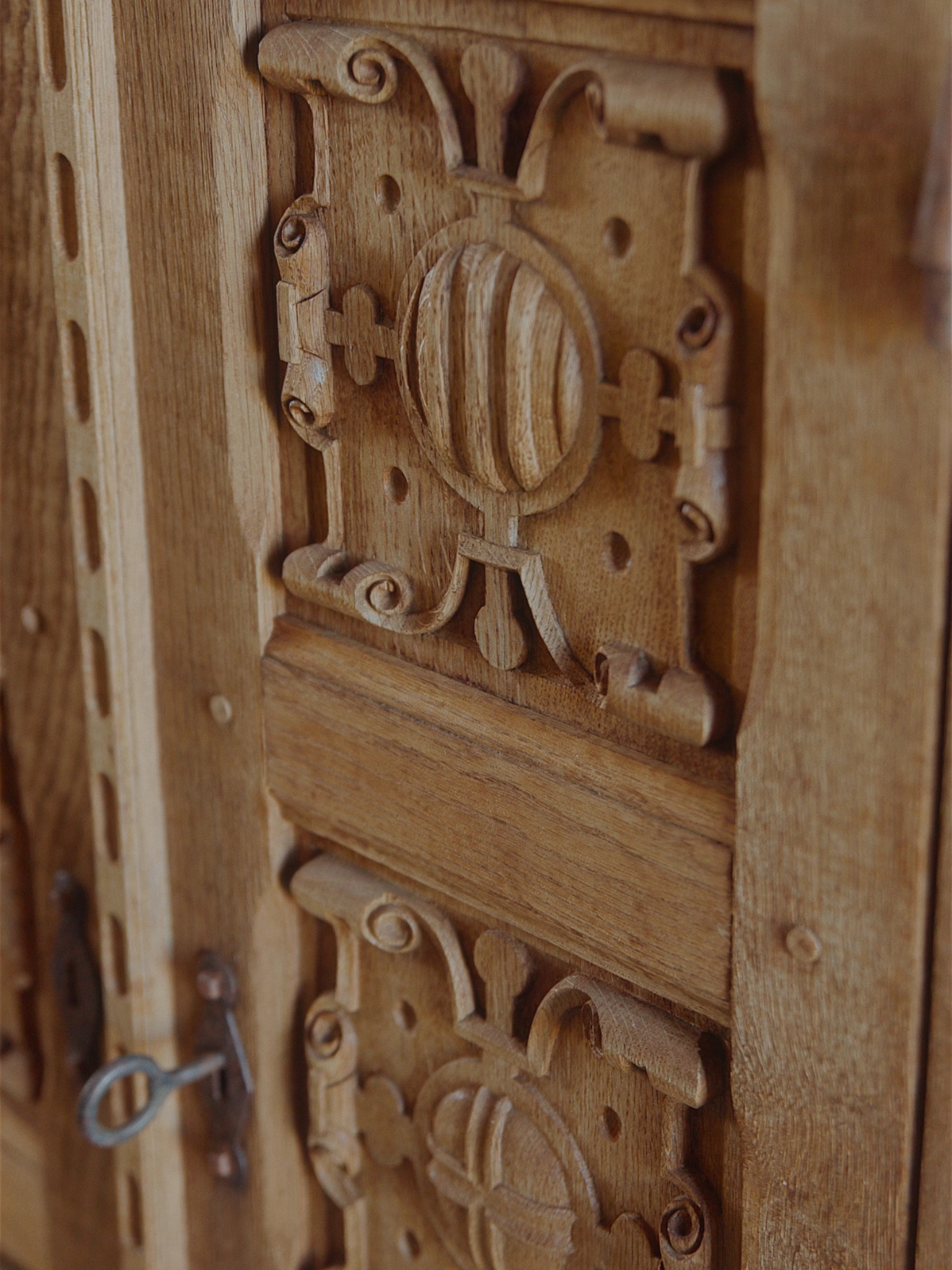 Spanish Renaissance Revival Carved Oak Sideboard with Original Key