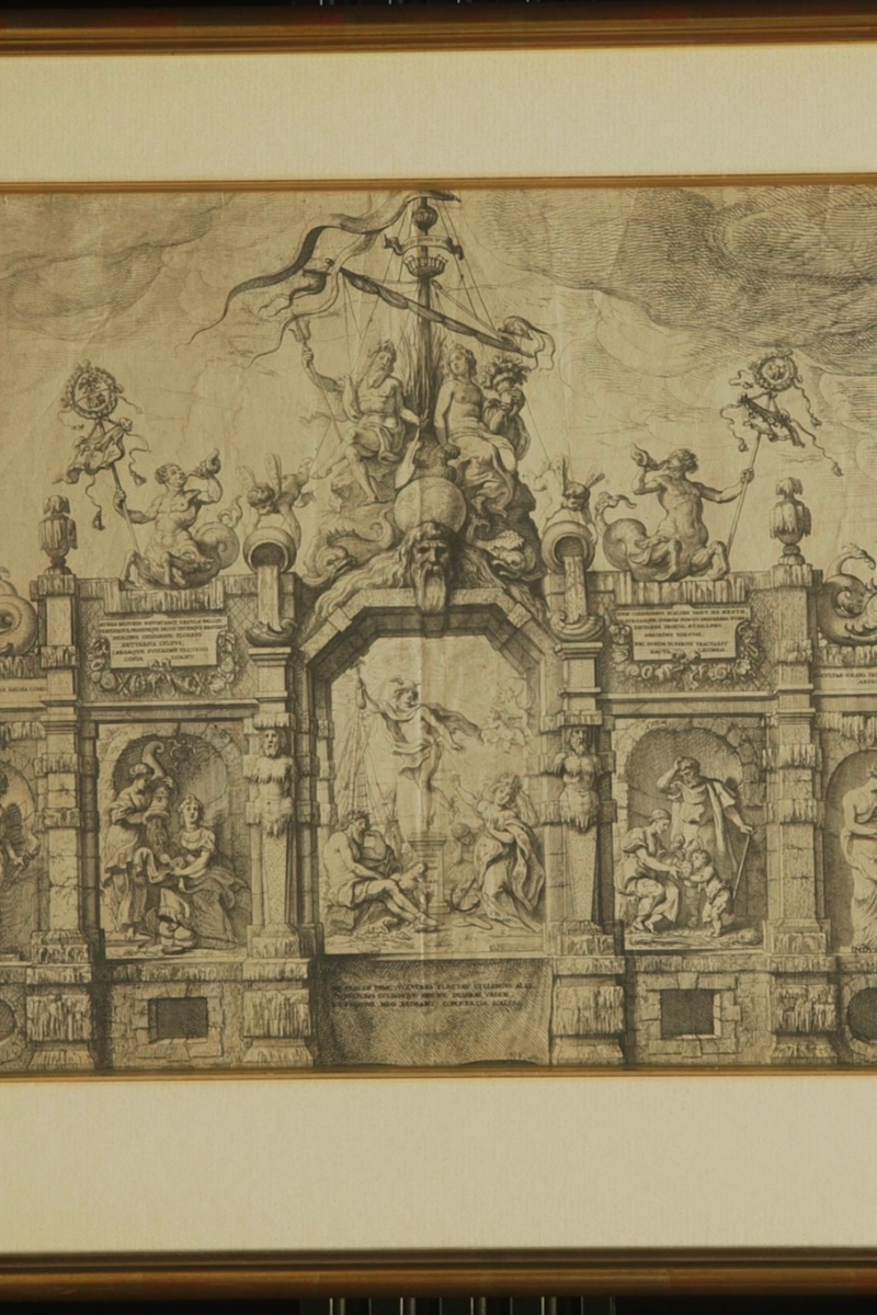 17th Century Italian Baroque Architectural Copperplate Engraving Depicting Allegorical Trumphal Facade Adorned Mythological Figures
