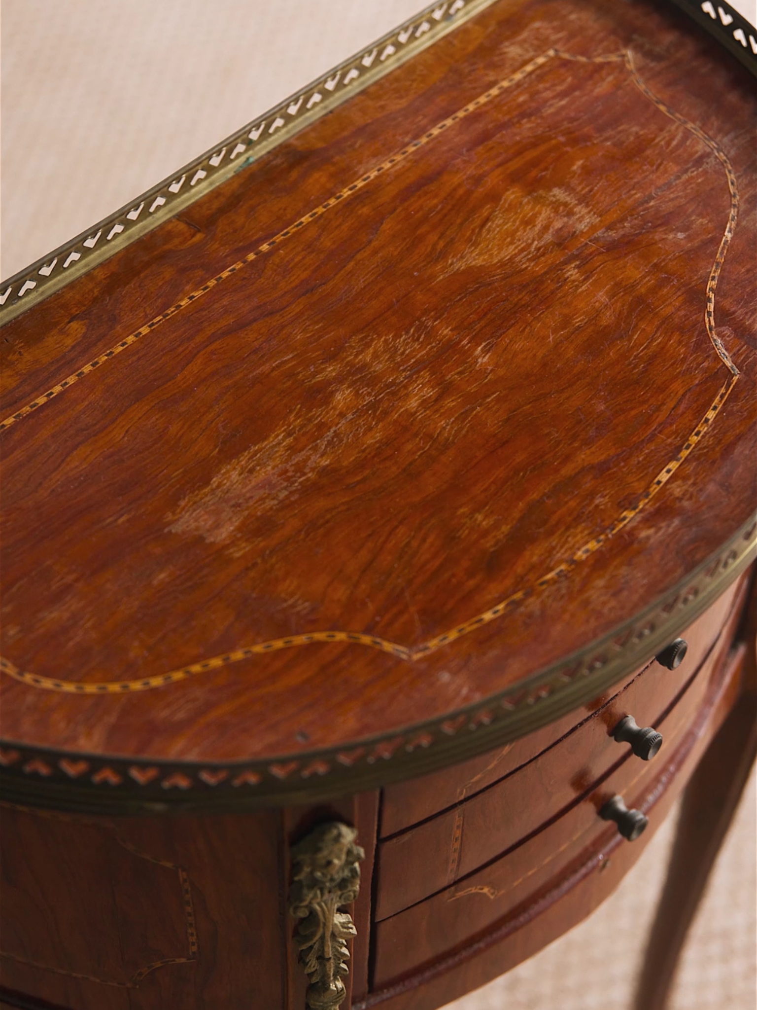 French Louis XV–Style Marquetry Demilune Side Table With Bronze Ormolu & Heart-Pierced Gallery