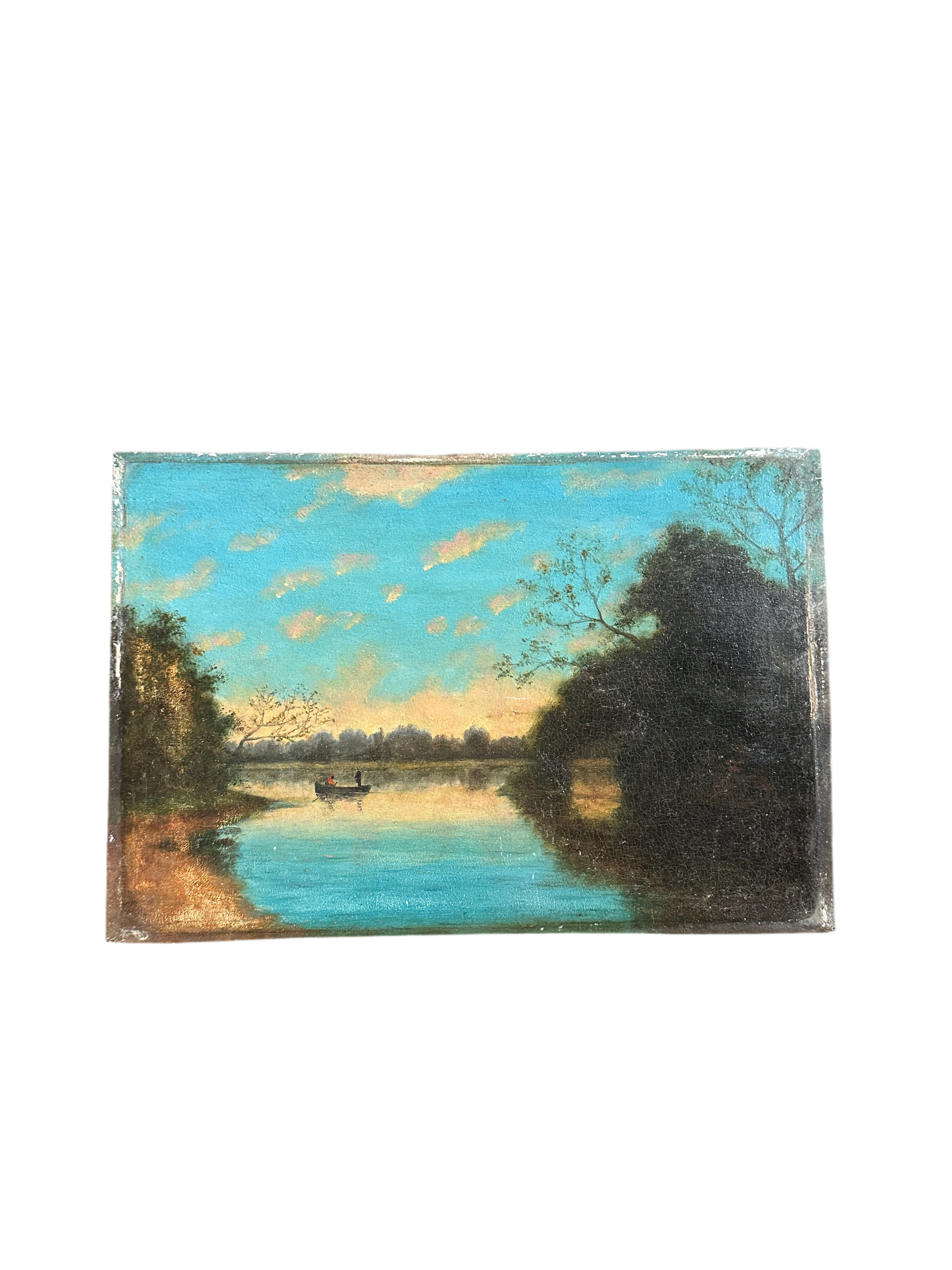 Antique Oil on Wood - "Evening on the River"