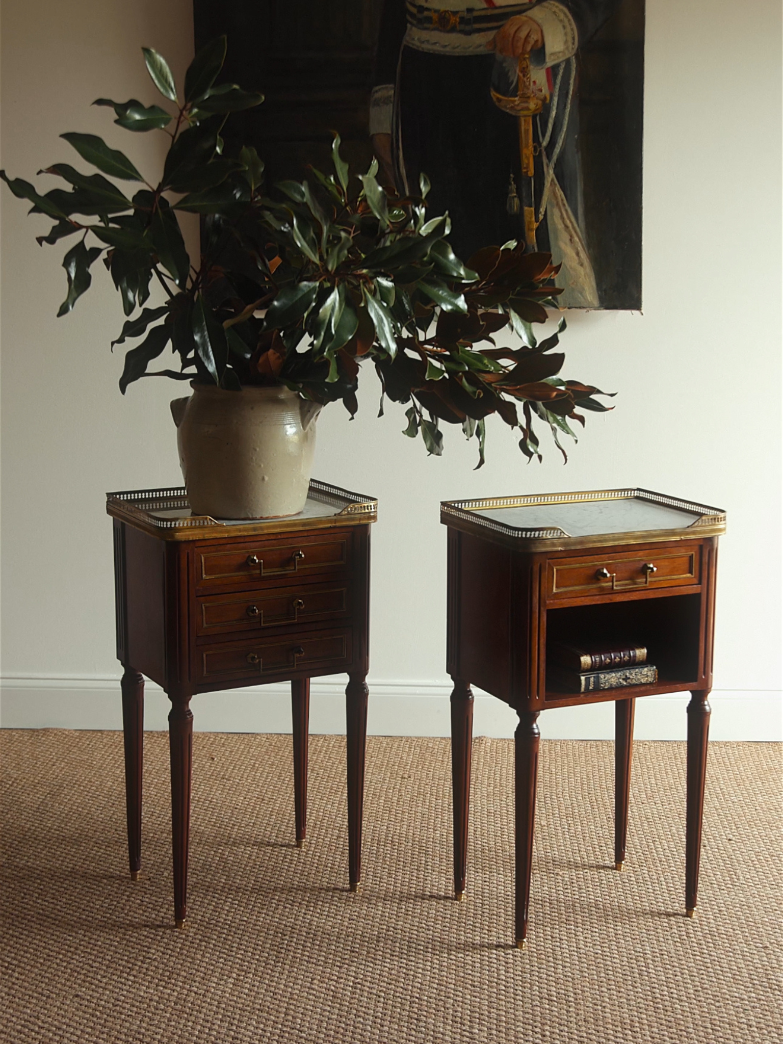 Pair of Louis XVI–Style Mahogany Nightstands with Carrara Marble Tops