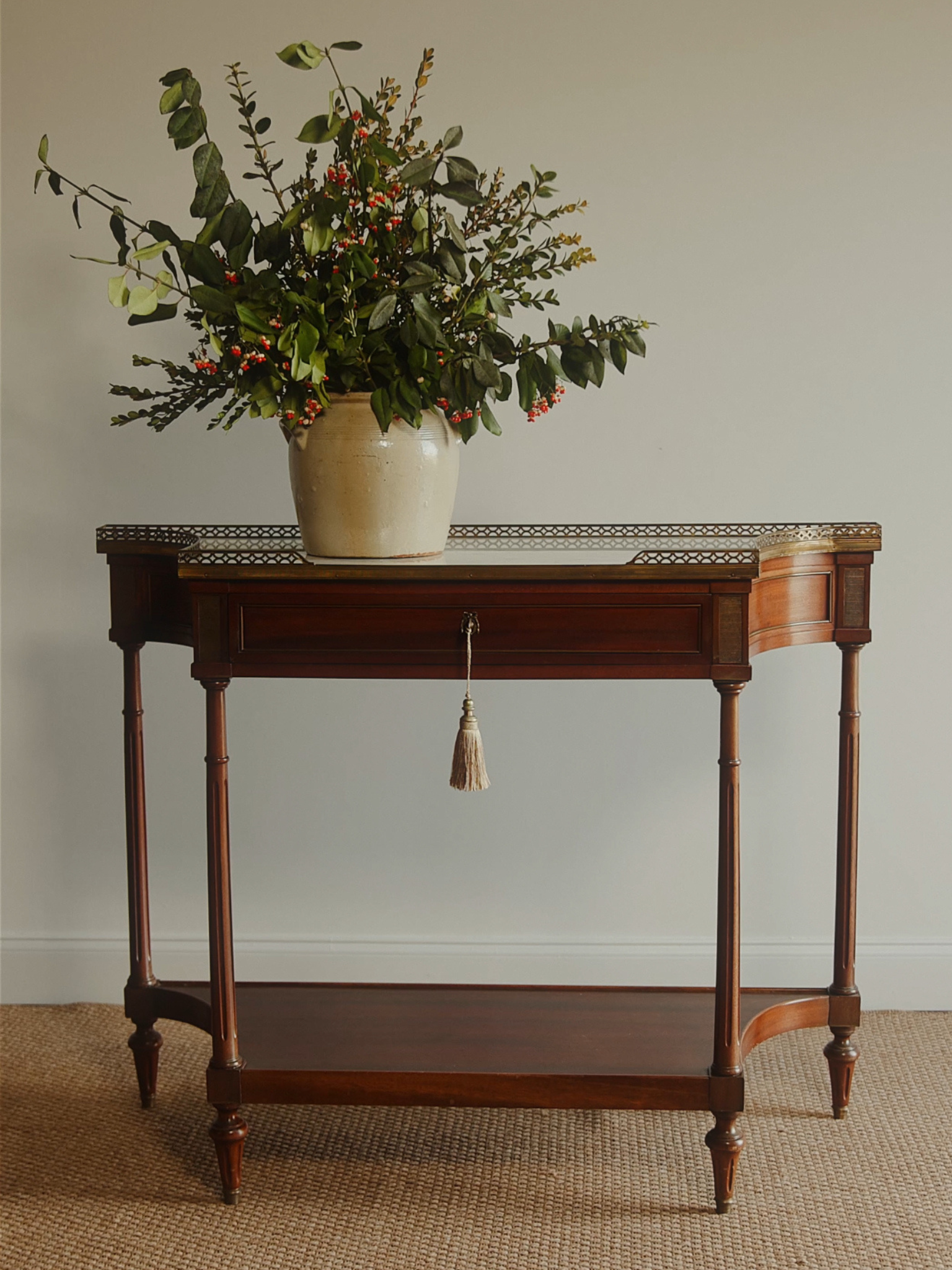 French Mahogany Console Table with Brass Gallery Edge