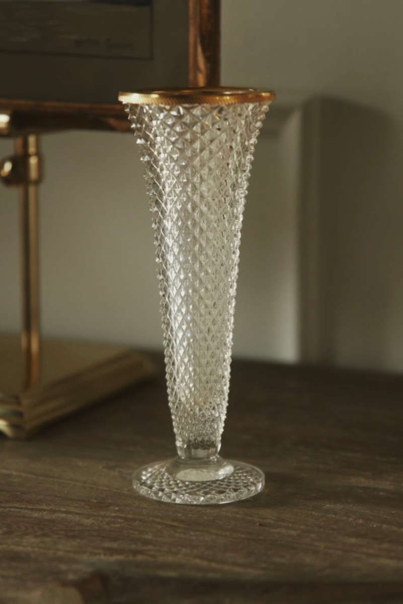 French Diamond-Cut Crystal Trumpet Vase with Gilt Rim