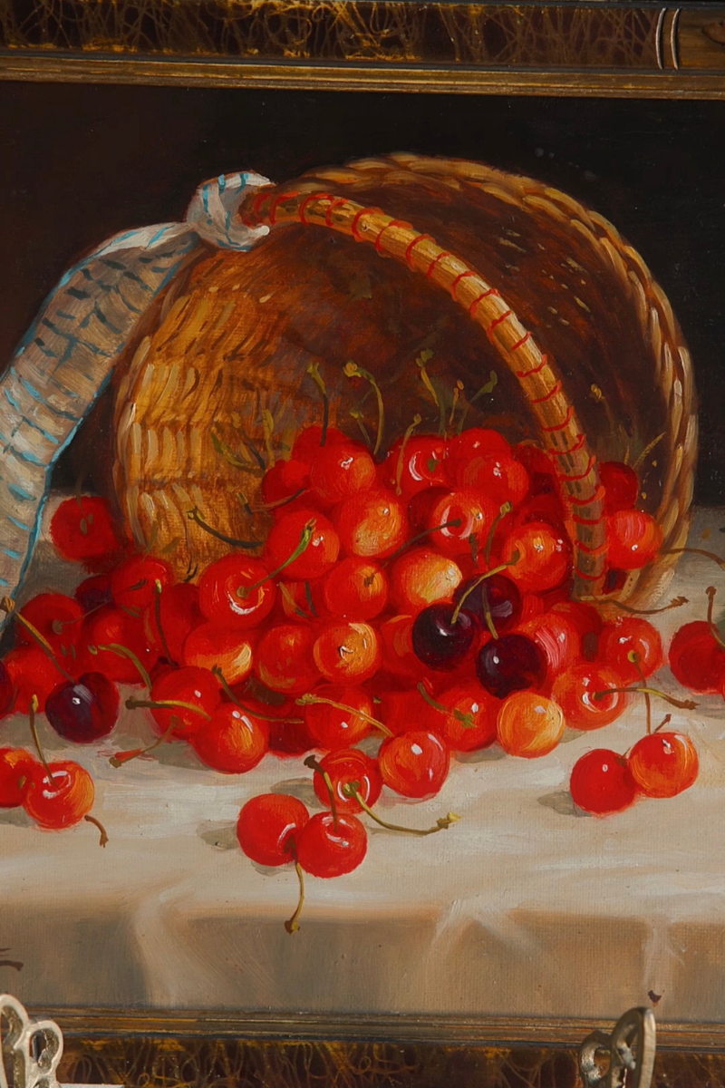 Basket of Cherries | Signed Still Life Oil on Wood Panel