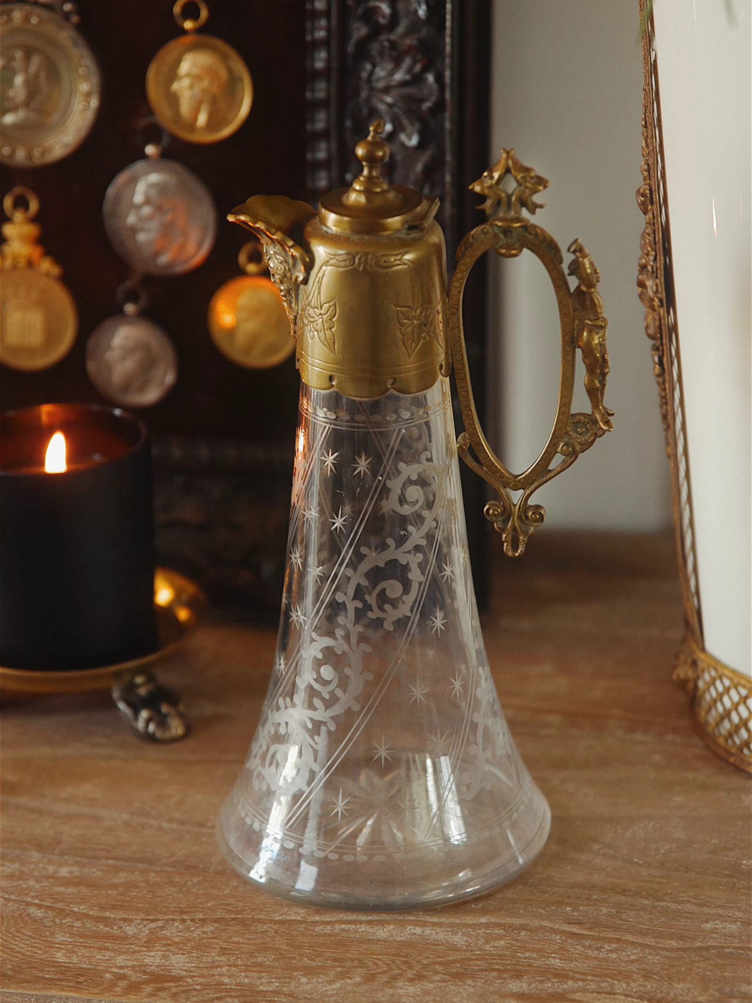 French Etched Crystal Claret Jug with Gilt Bronze Mounts