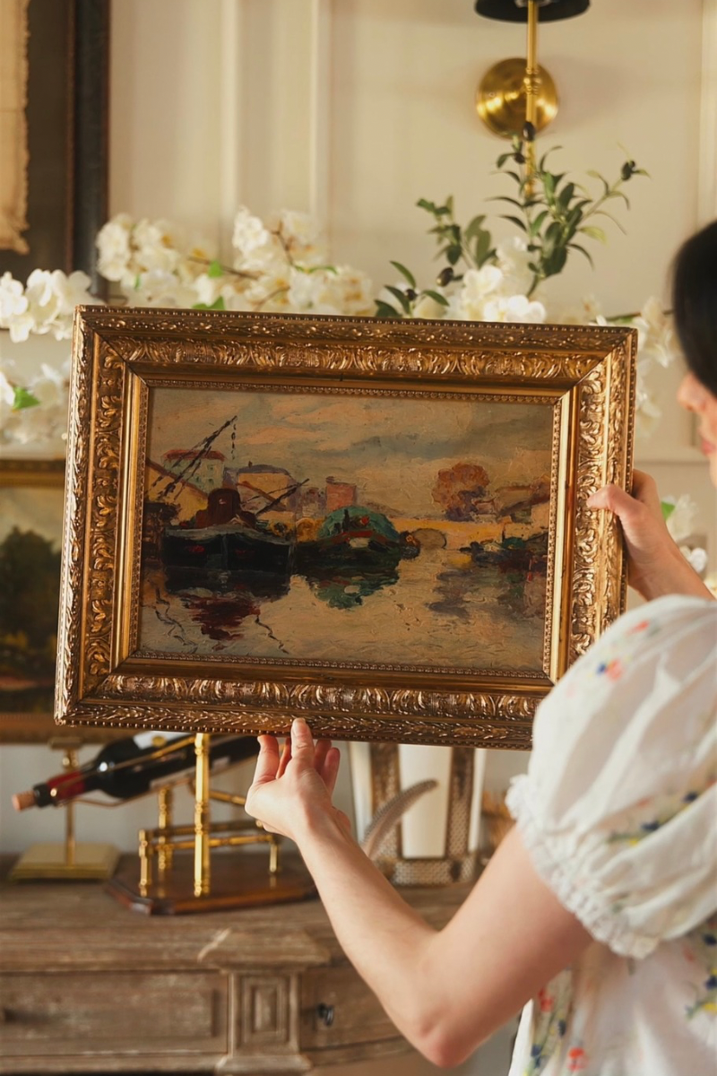 French Impressionist Harbor Scene Oil Painting in Gilt Frame
