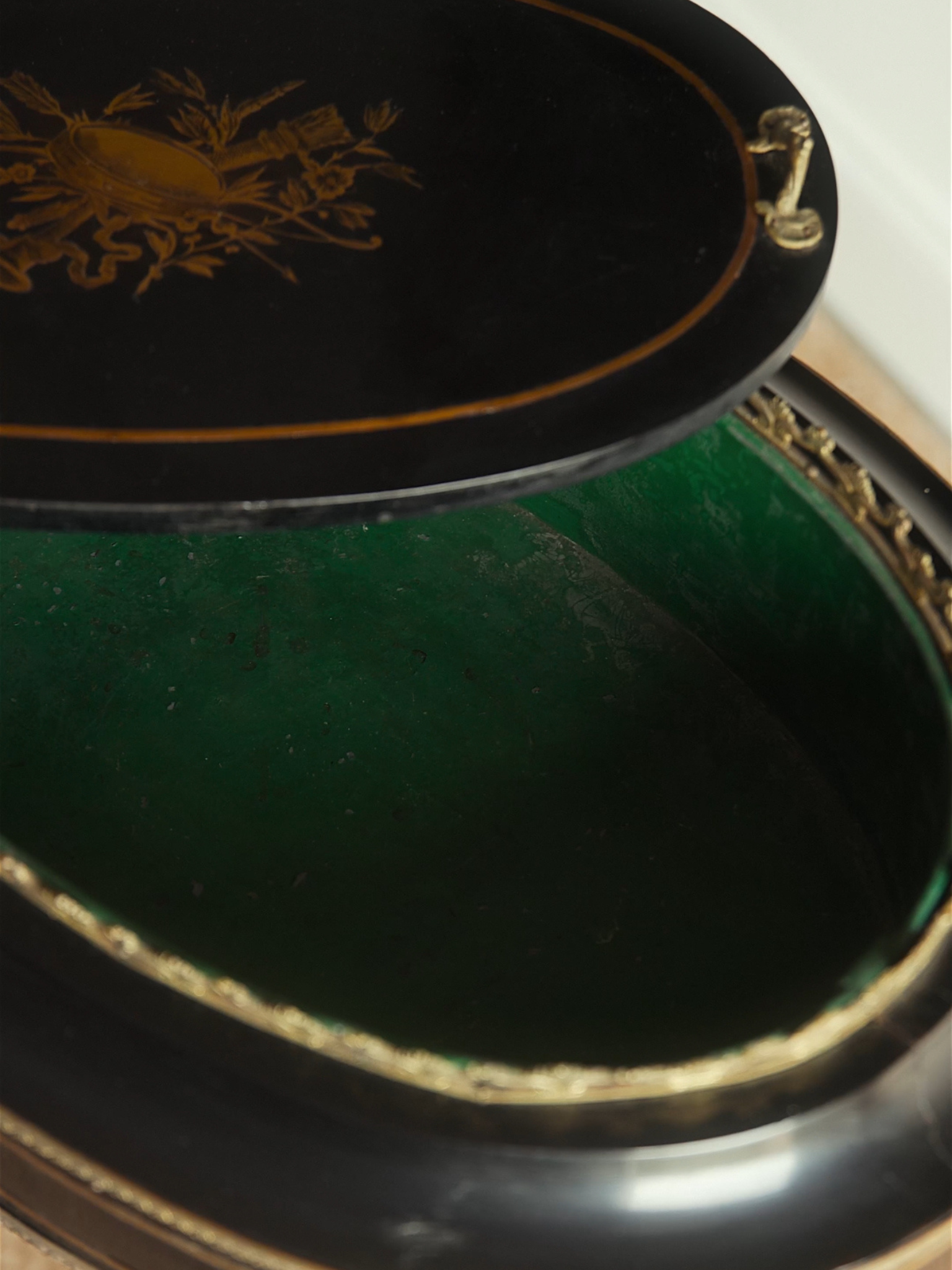 French Napoleon III Ebonized & Gilt Bronze Marquetry Jardinière Table with Original Green Liner