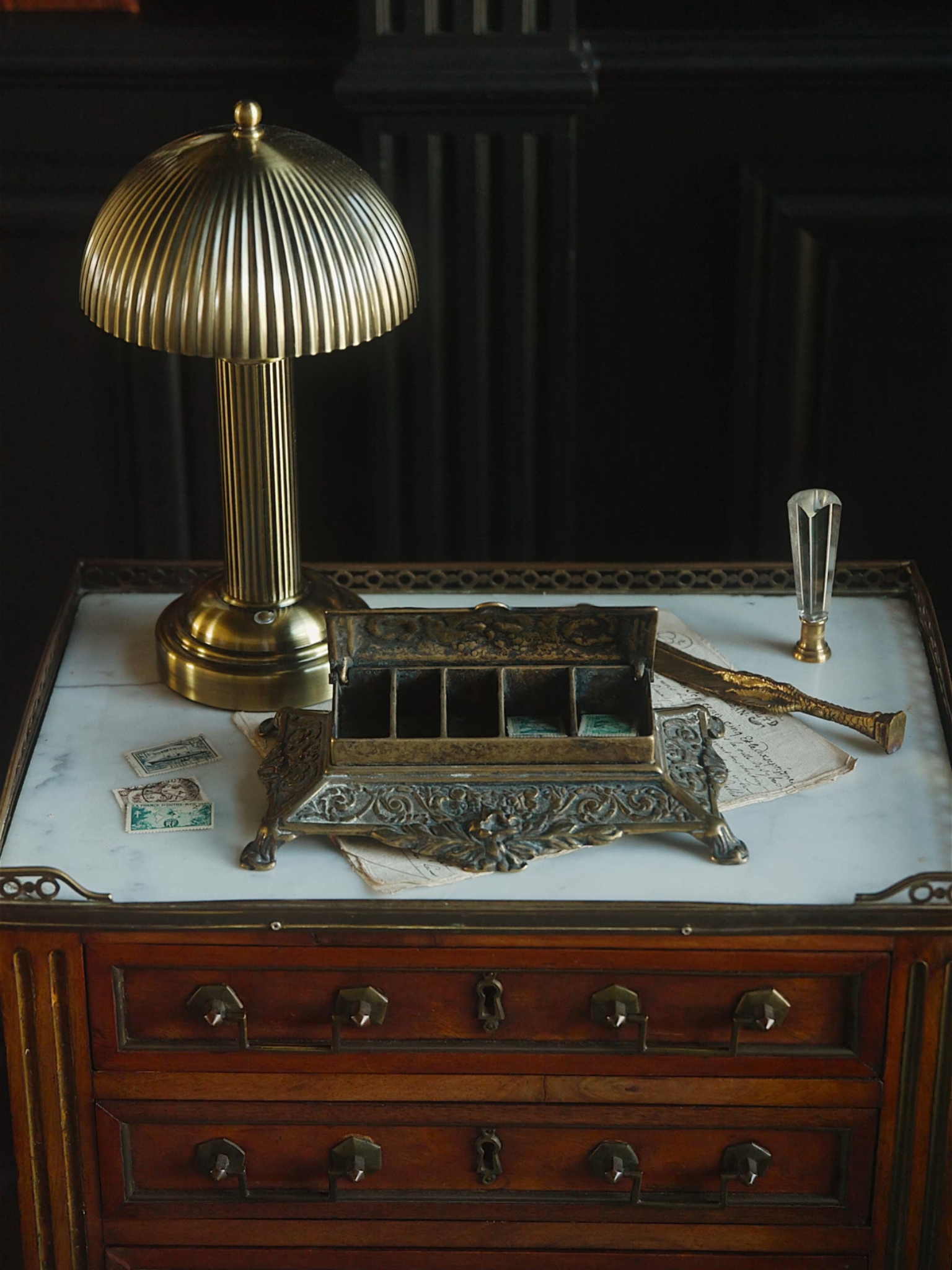Antique French Brass Stamp Box with Divided Compartments