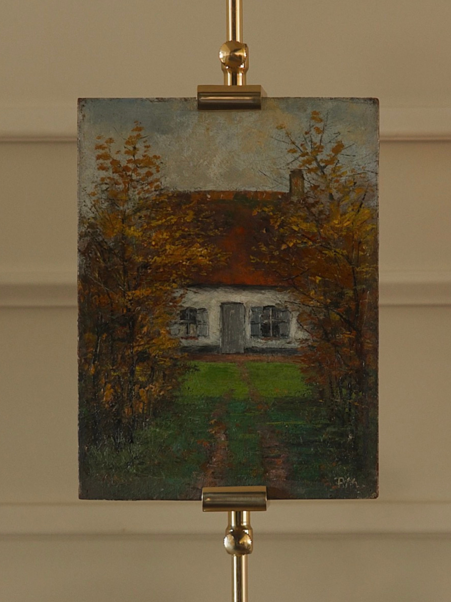 Mid-20th-Century European Oil Painting of a Countryside Cottage in Autumn