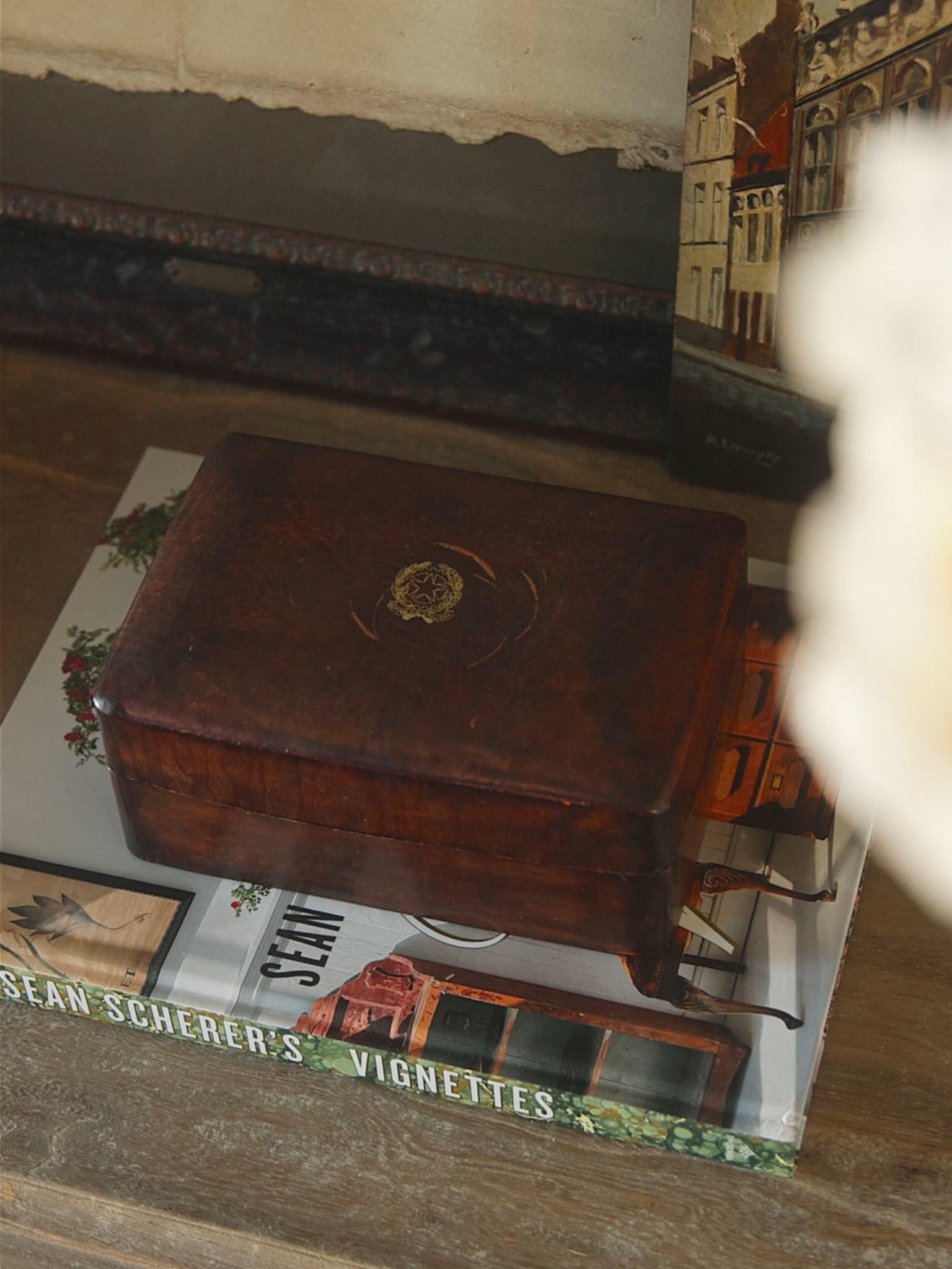 Antique Leather Box with Gilt Crest