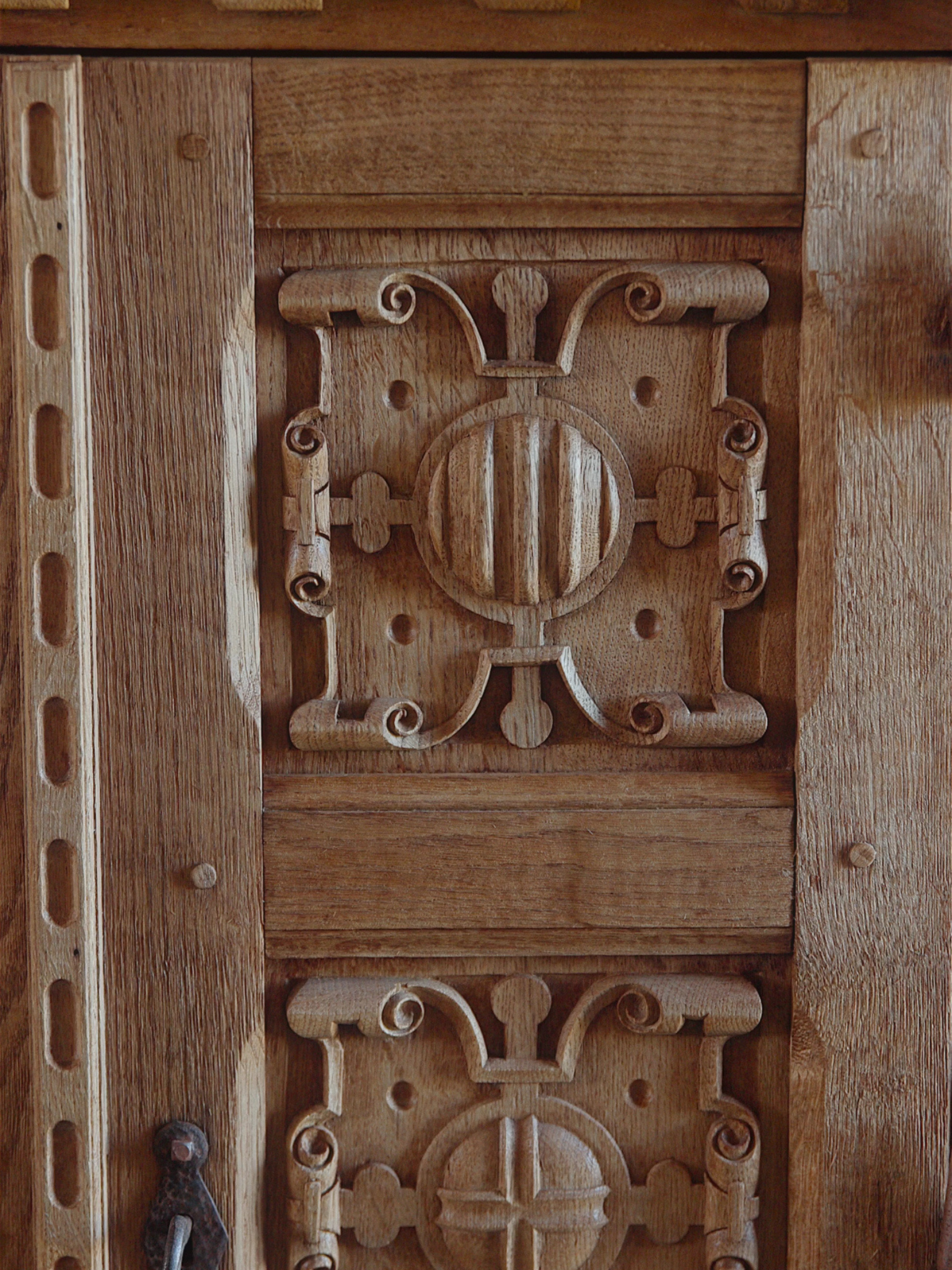 Spanish Renaissance Revival Carved Oak Sideboard with Original Key