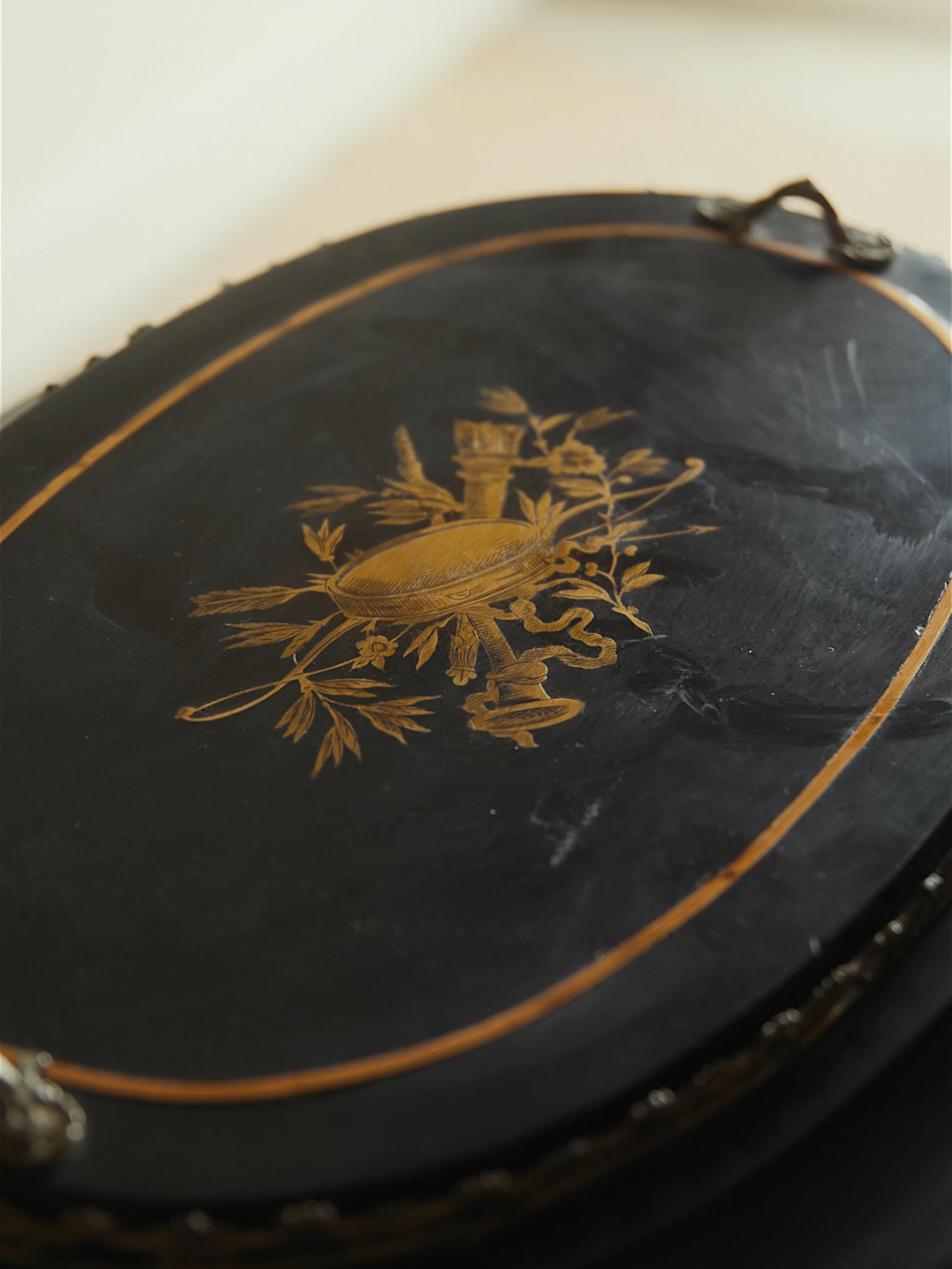 French Napoleon III Ebonized & Gilt Bronze Marquetry Jardinière Table with Original Green Liner