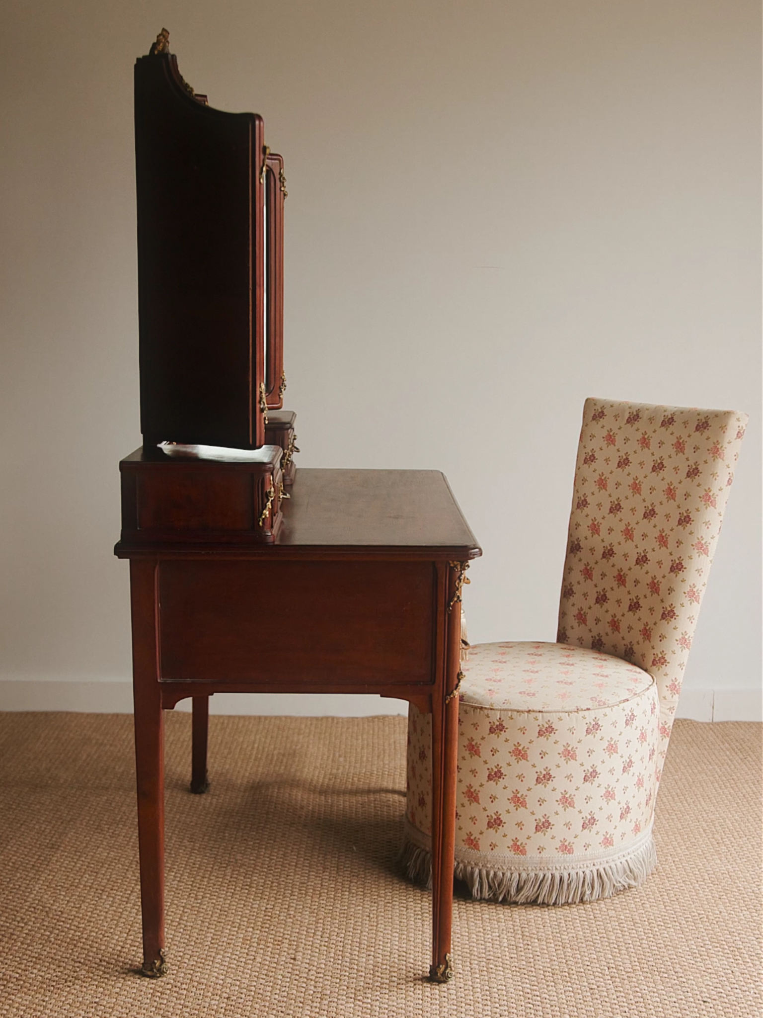 French Trifold Mirrored Vanity With Bronze Accents & Upholstered Chair