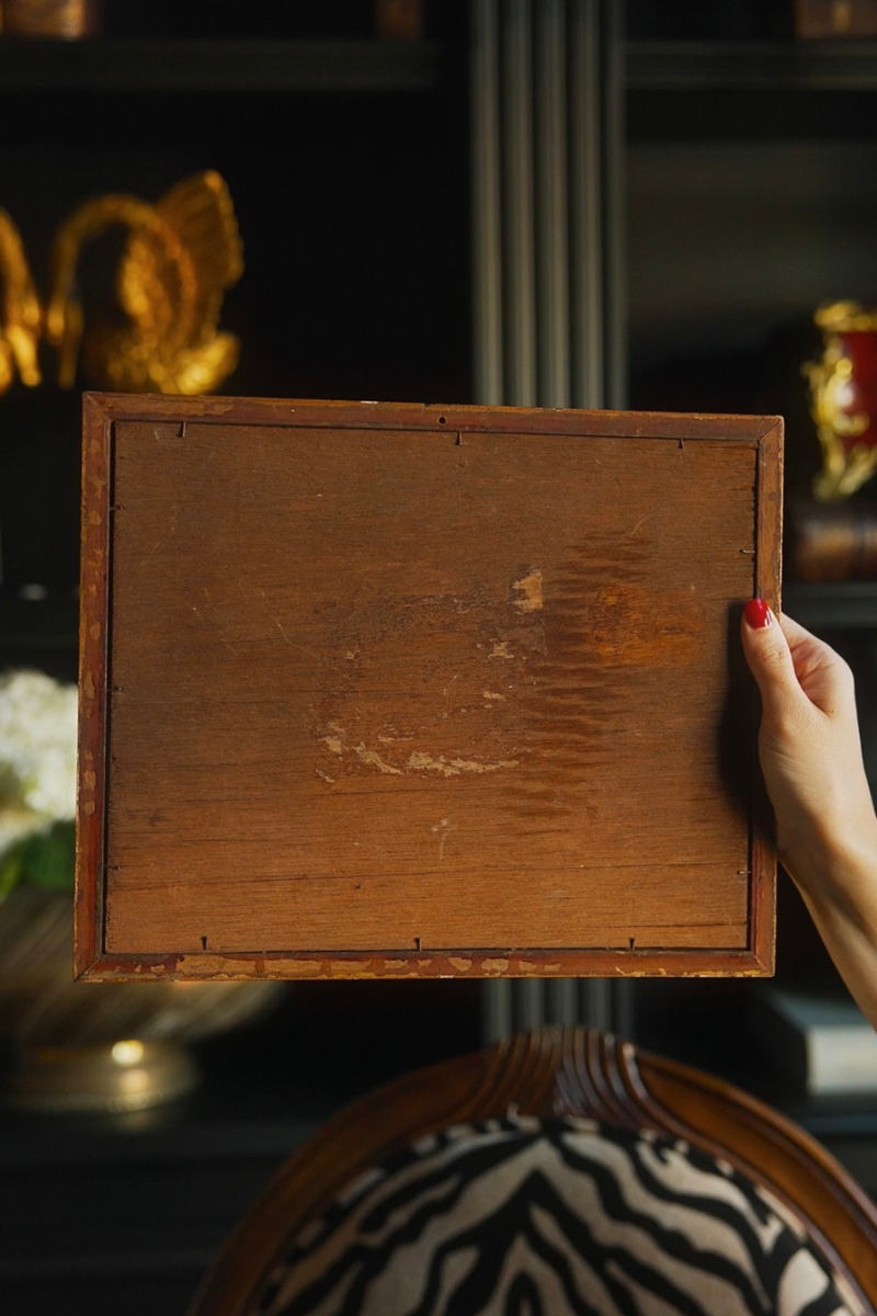 Village Courtyard Landscape Painting on Wood in an Ornamental Frame