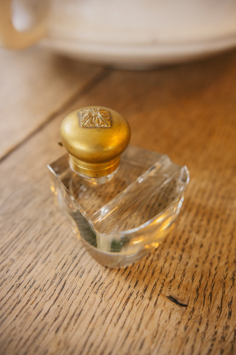 Antique French Crystal & Gilt Brass Inkwell with Laurel Mounts