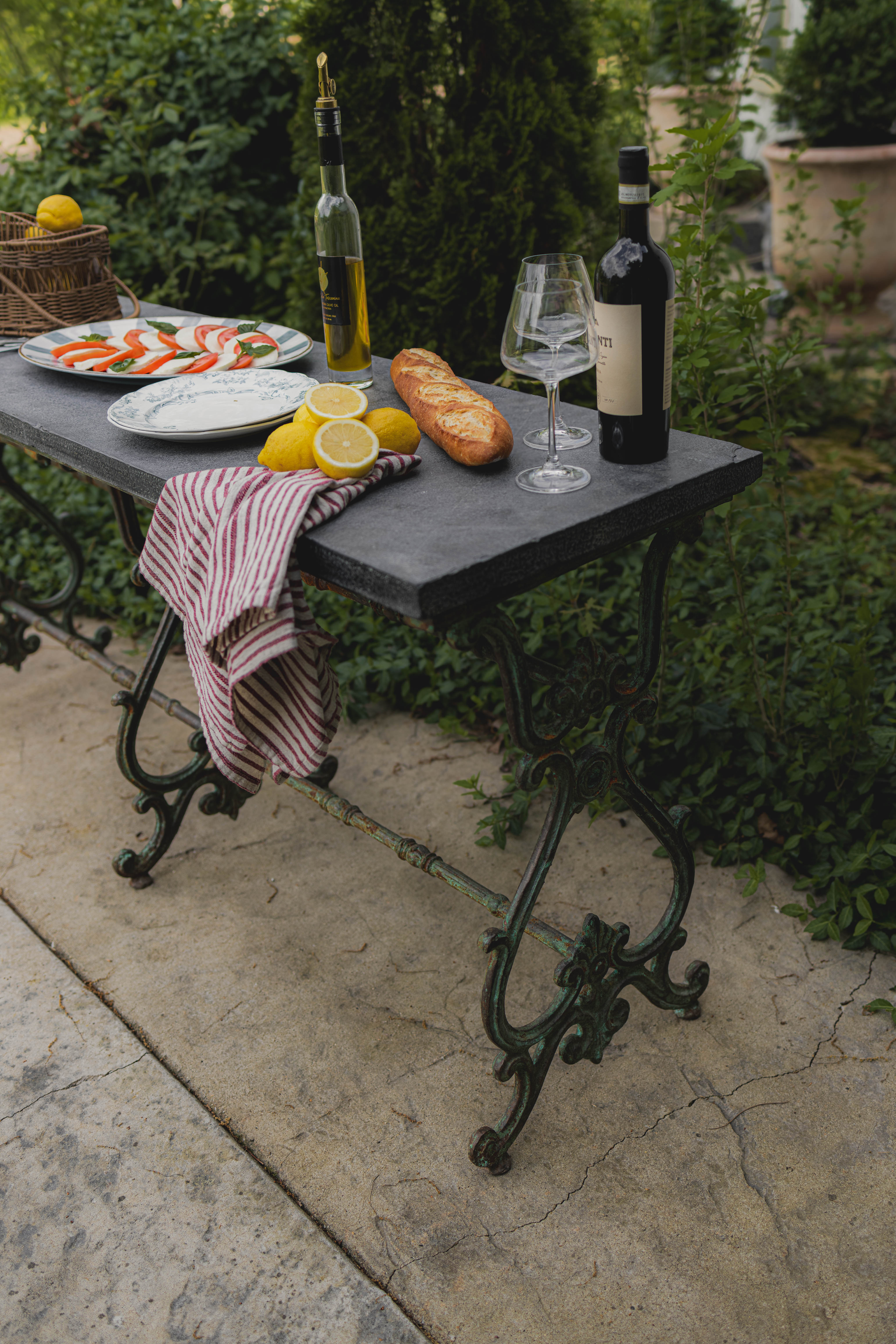 Antique Wrought Iron French Outdoor Console with Blue Stone Top