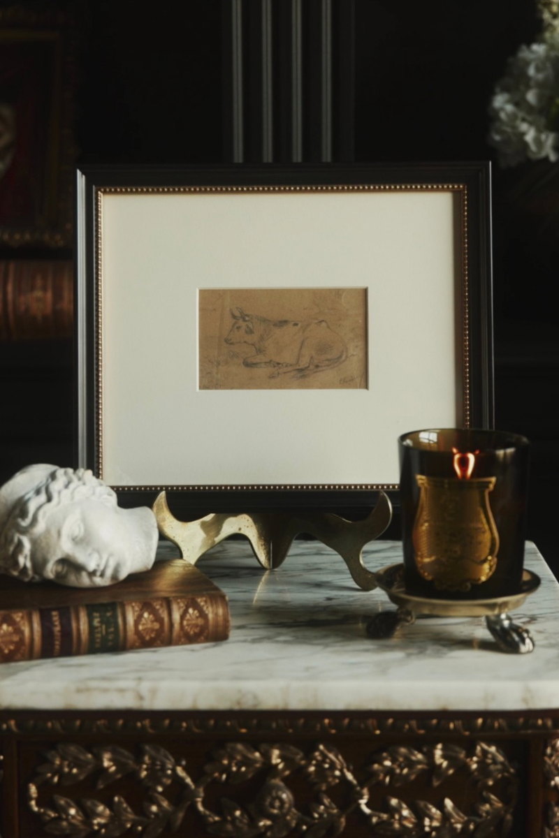 19th Century French School Charcoal Animal Study – Reclining Cow (Framed)