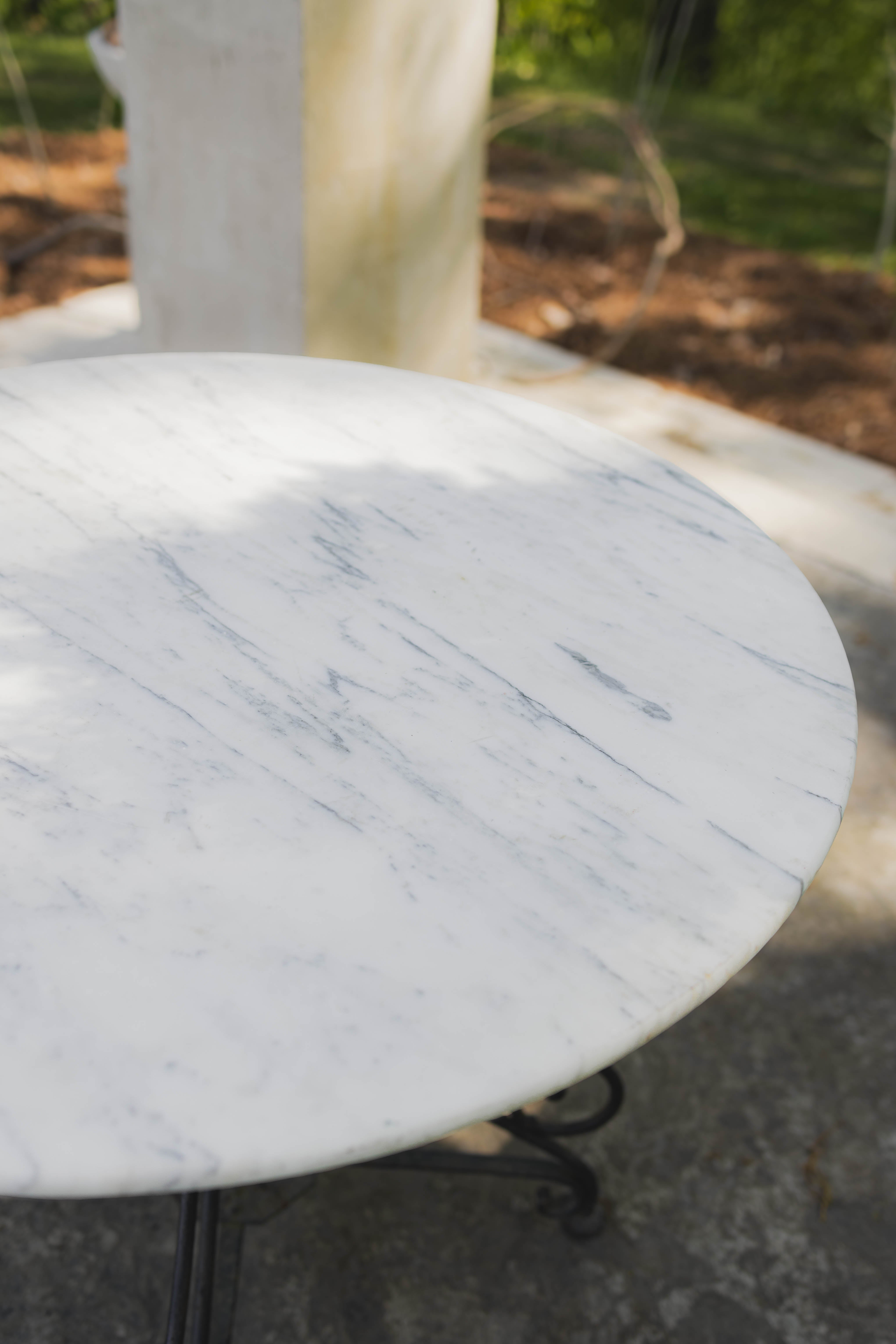 French Marble Top Garden Table with Scroll Iron Base