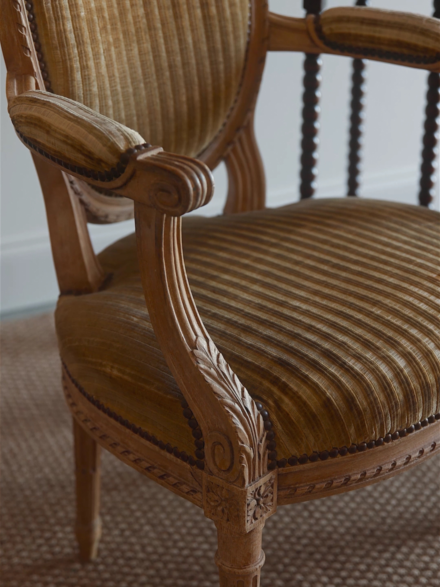 Pair of Louis XVI Revival Armchairs in Striped Velvet Upholstery