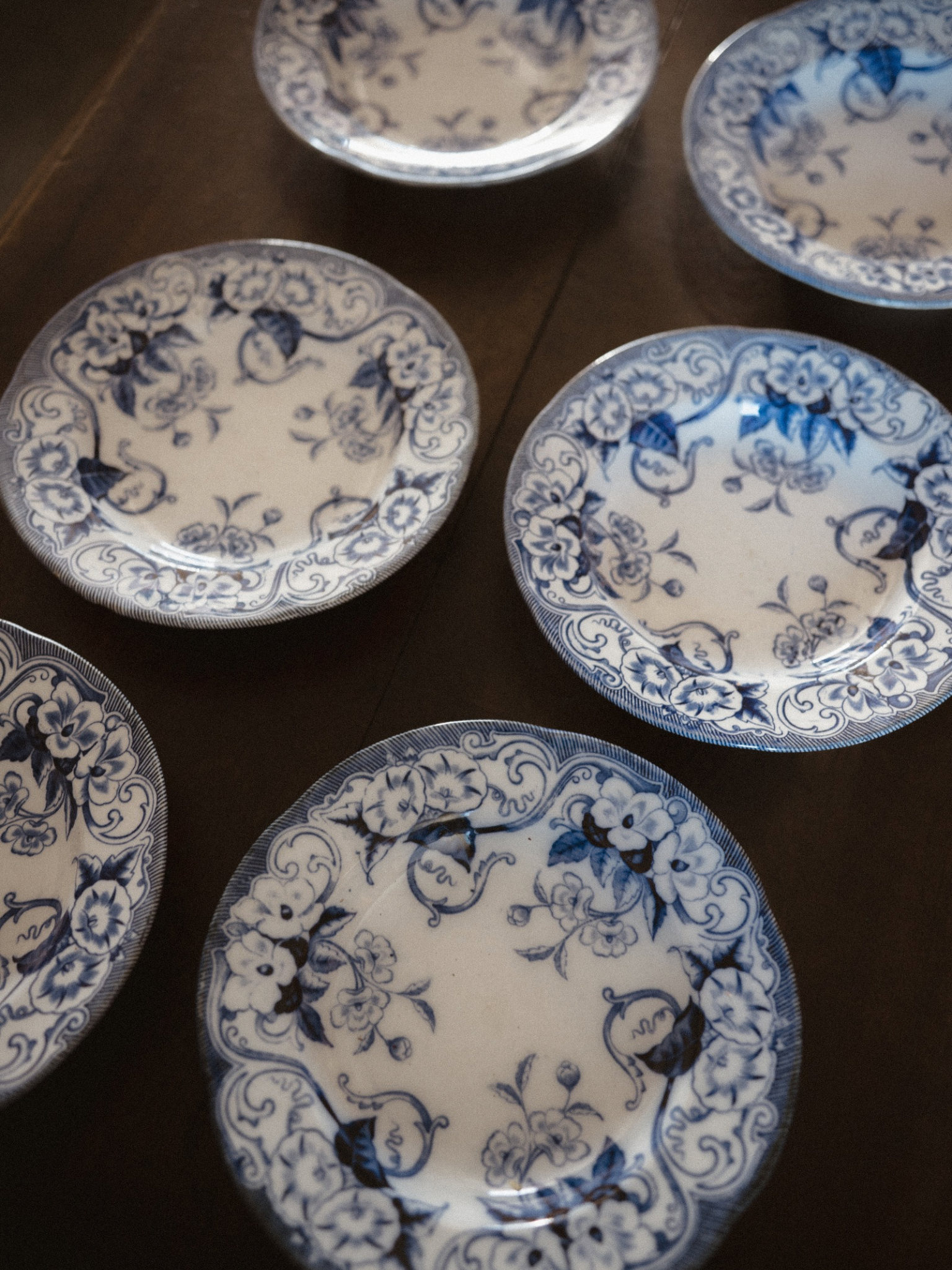 Set of 6 Petrus Regout “Flora” Blue & White Plates with Matching Compote