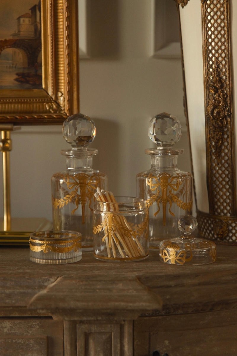French Gilt Decorated Crystal Vanity Set with Faceted Stoppers - Louis XVI Revival Style