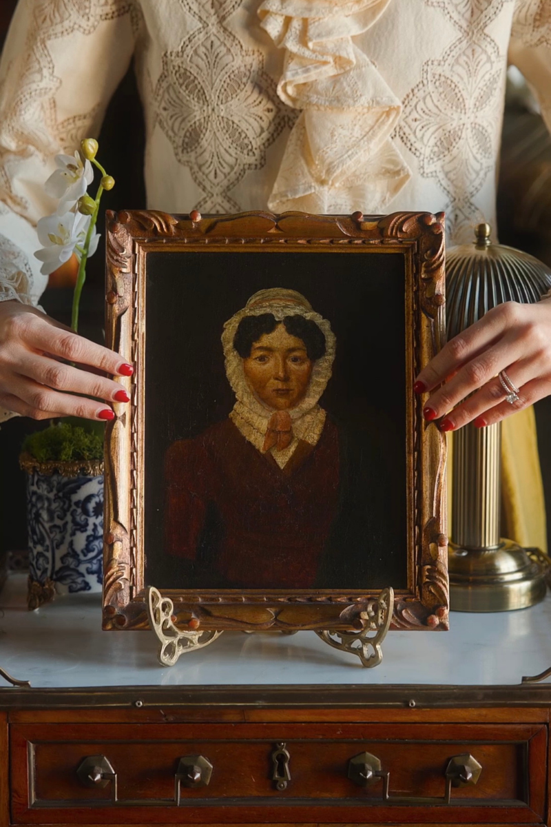 Portrait of a Woman in a Lace Bonnet | Antique Framed Oil on Canvas