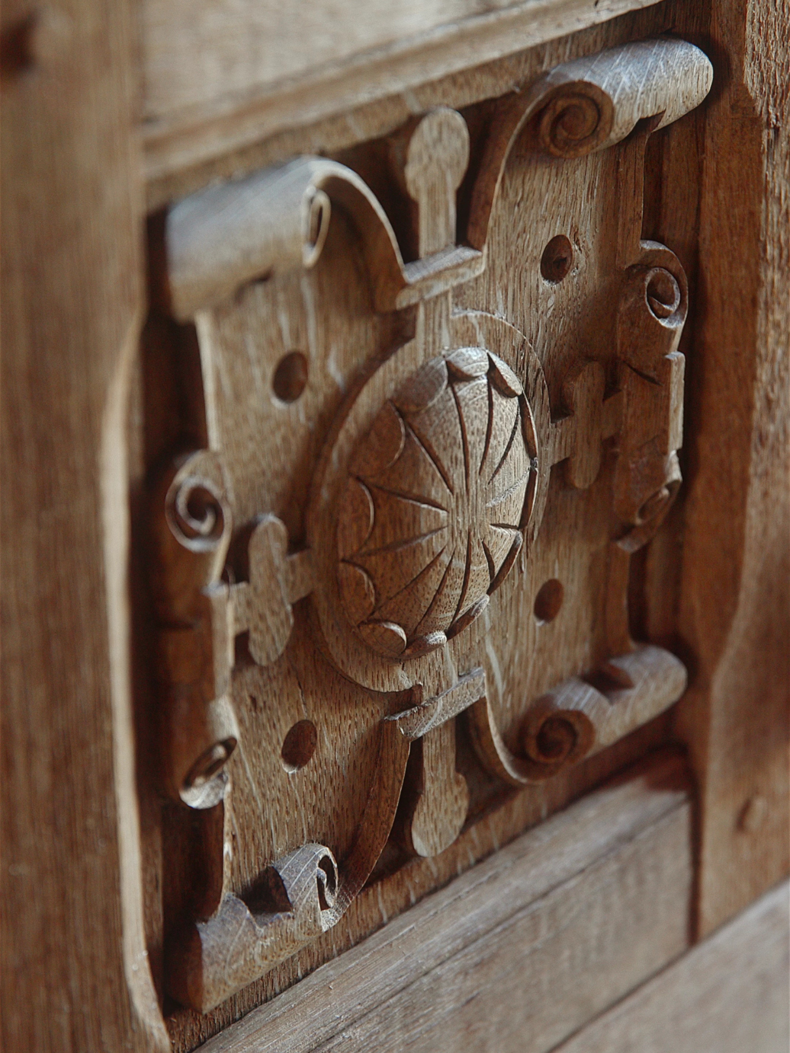 Spanish Renaissance Revival Carved Oak Sideboard with Original Key