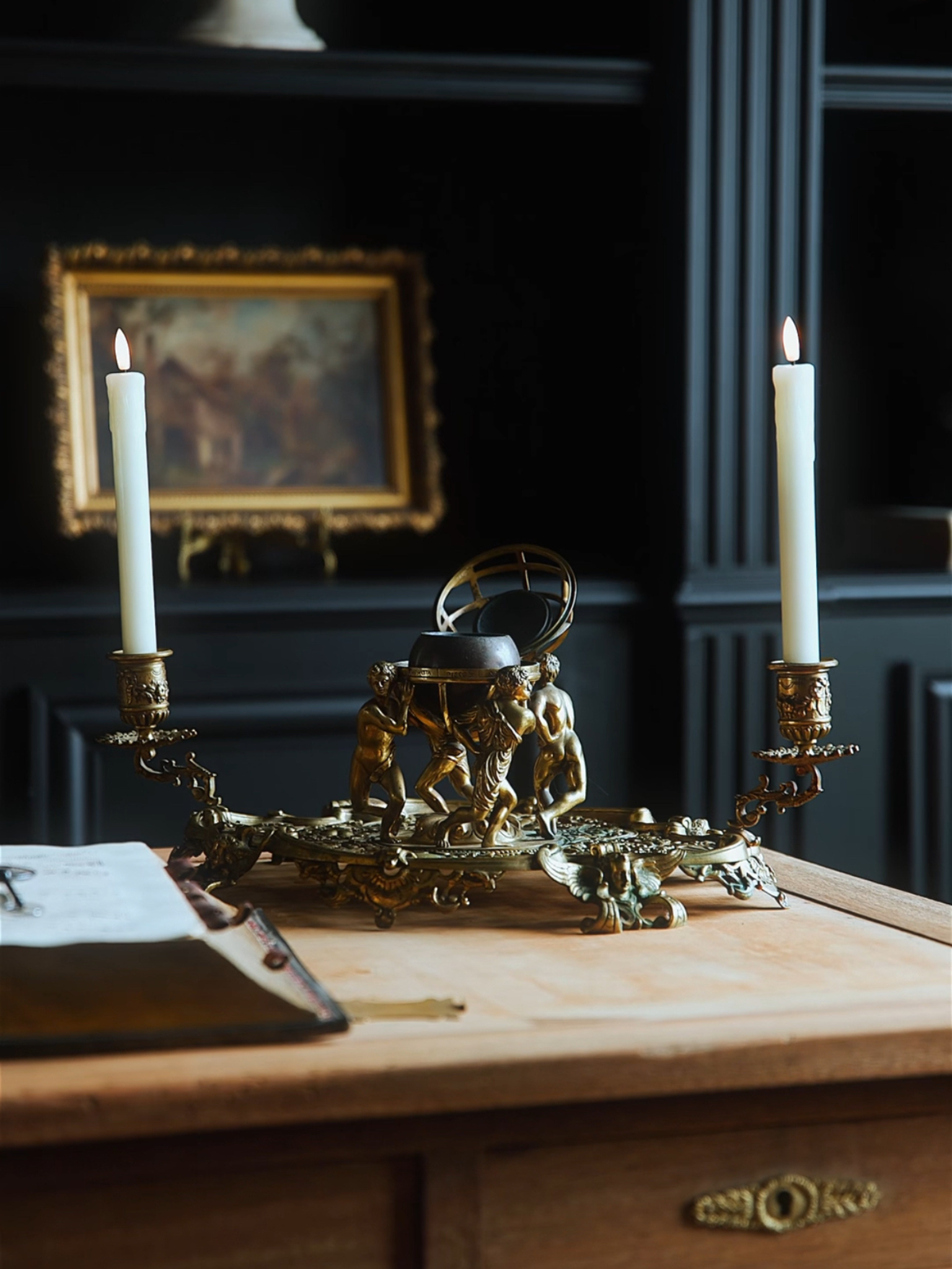 19th Century Gilded Globe Inkwell with Dual Candle Holders