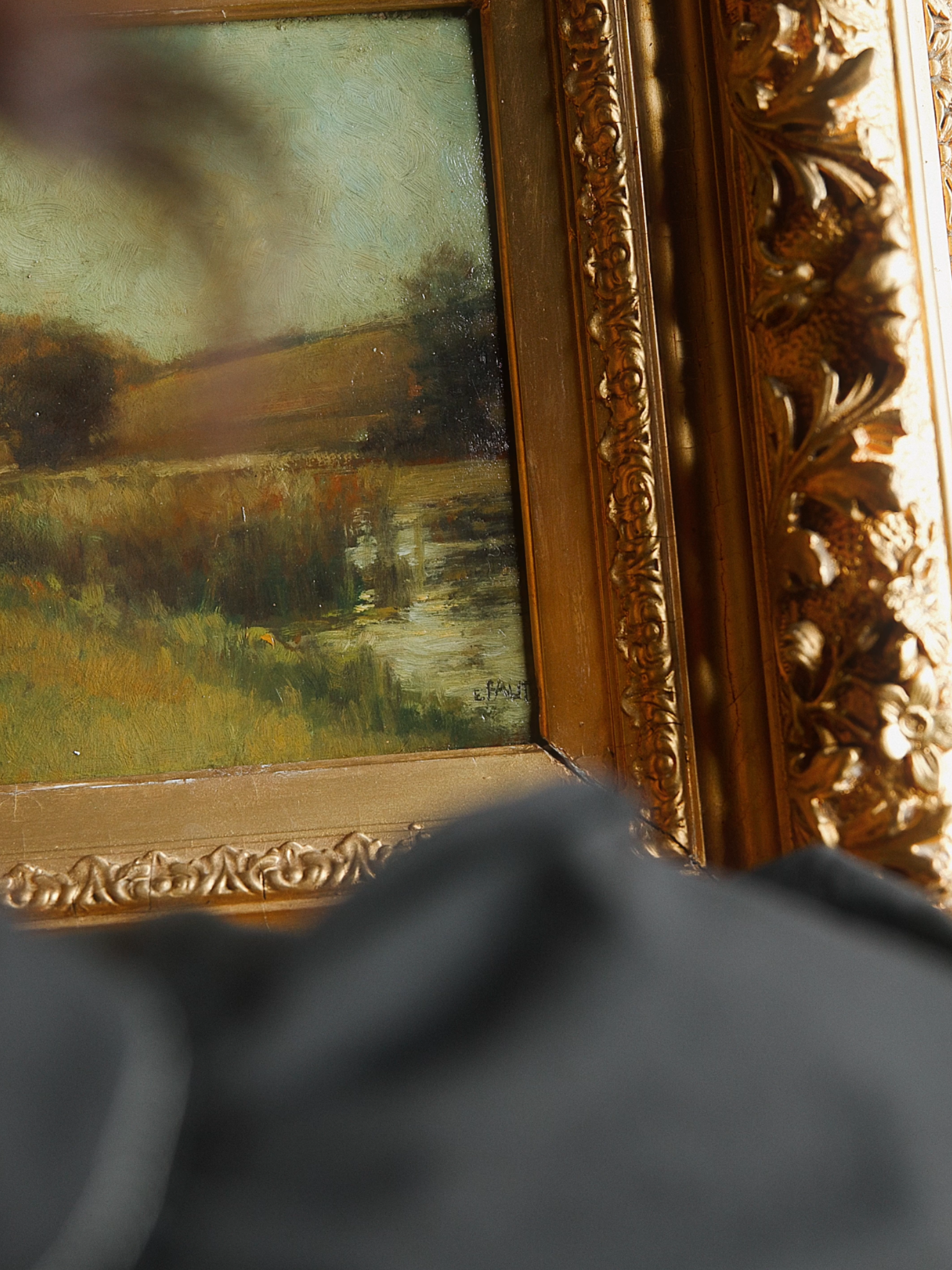 19th Century French Gilded Landscape Painting - Swan by the Waters Edge