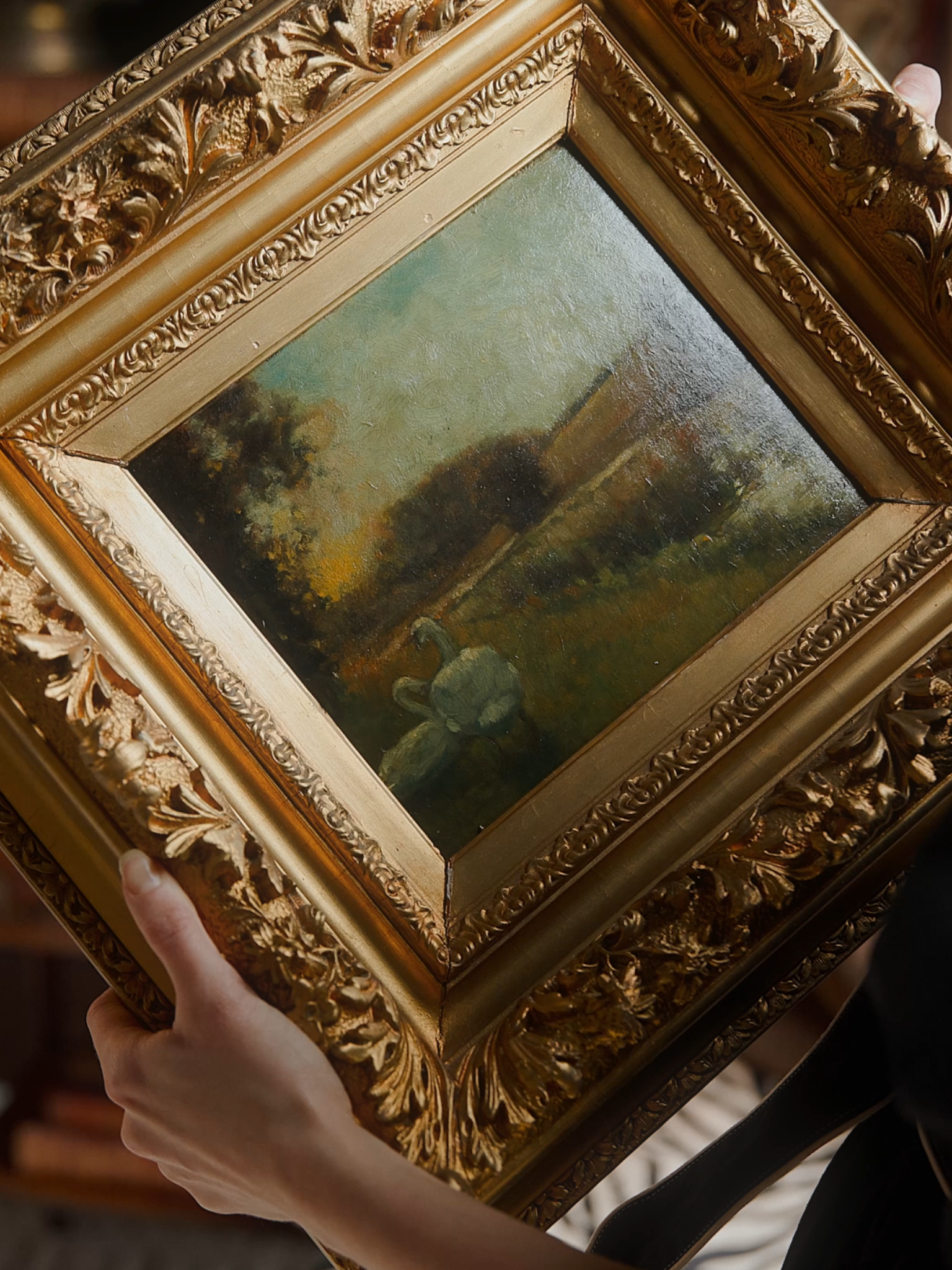 19th Century French Gilded Landscape Painting - Swan by the Waters Edge
