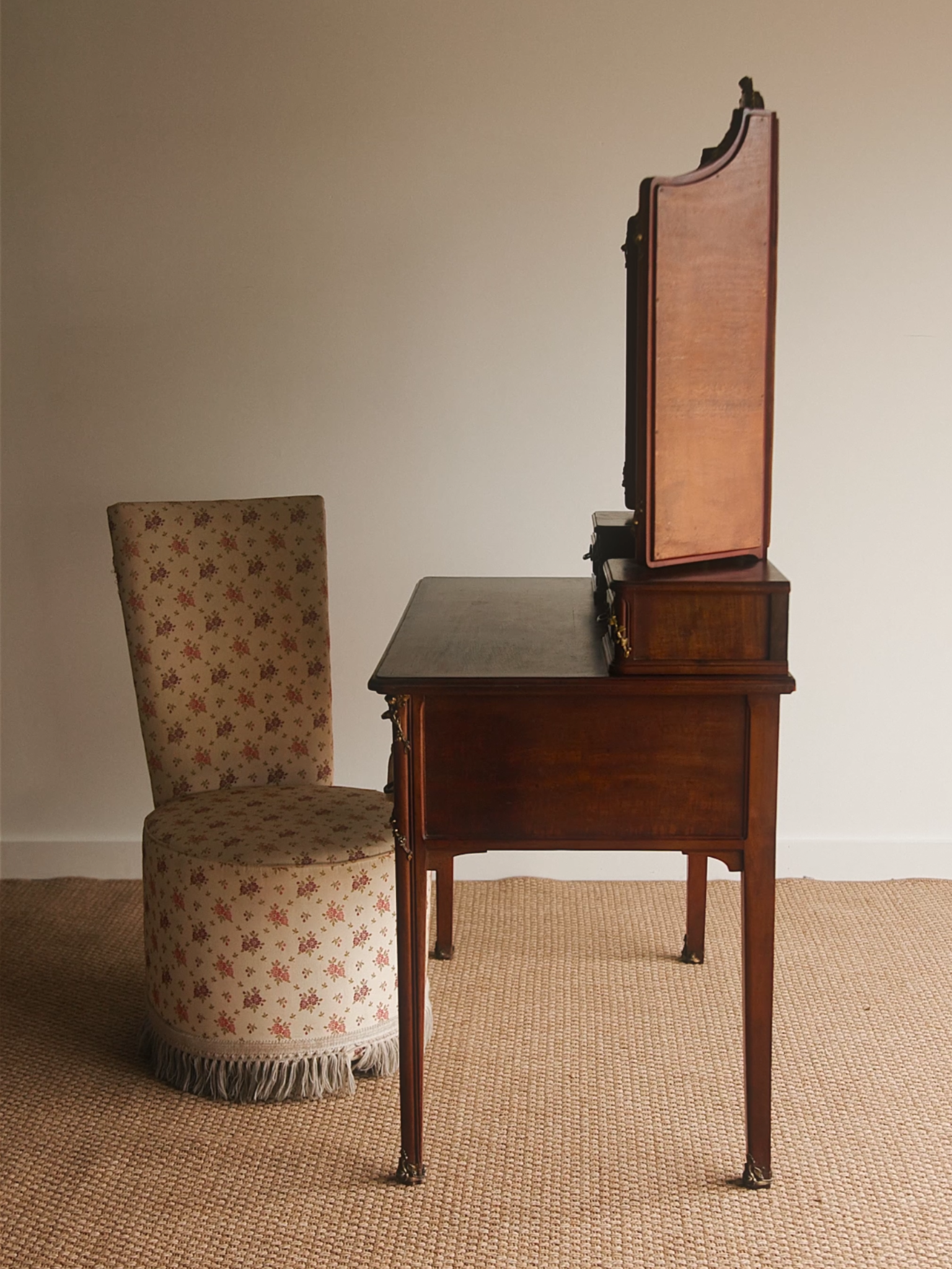 French Trifold Mirrored Vanity With Bronze Accents & Upholstered Chair