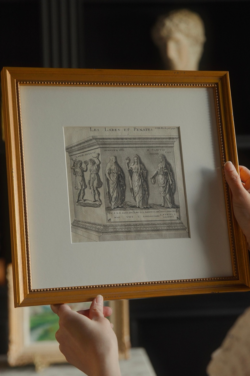 18th Century French Neoclassical Engraving, “Les Lares et Pénates,” Depicting Roman Household Deities - Newly Custom Framed