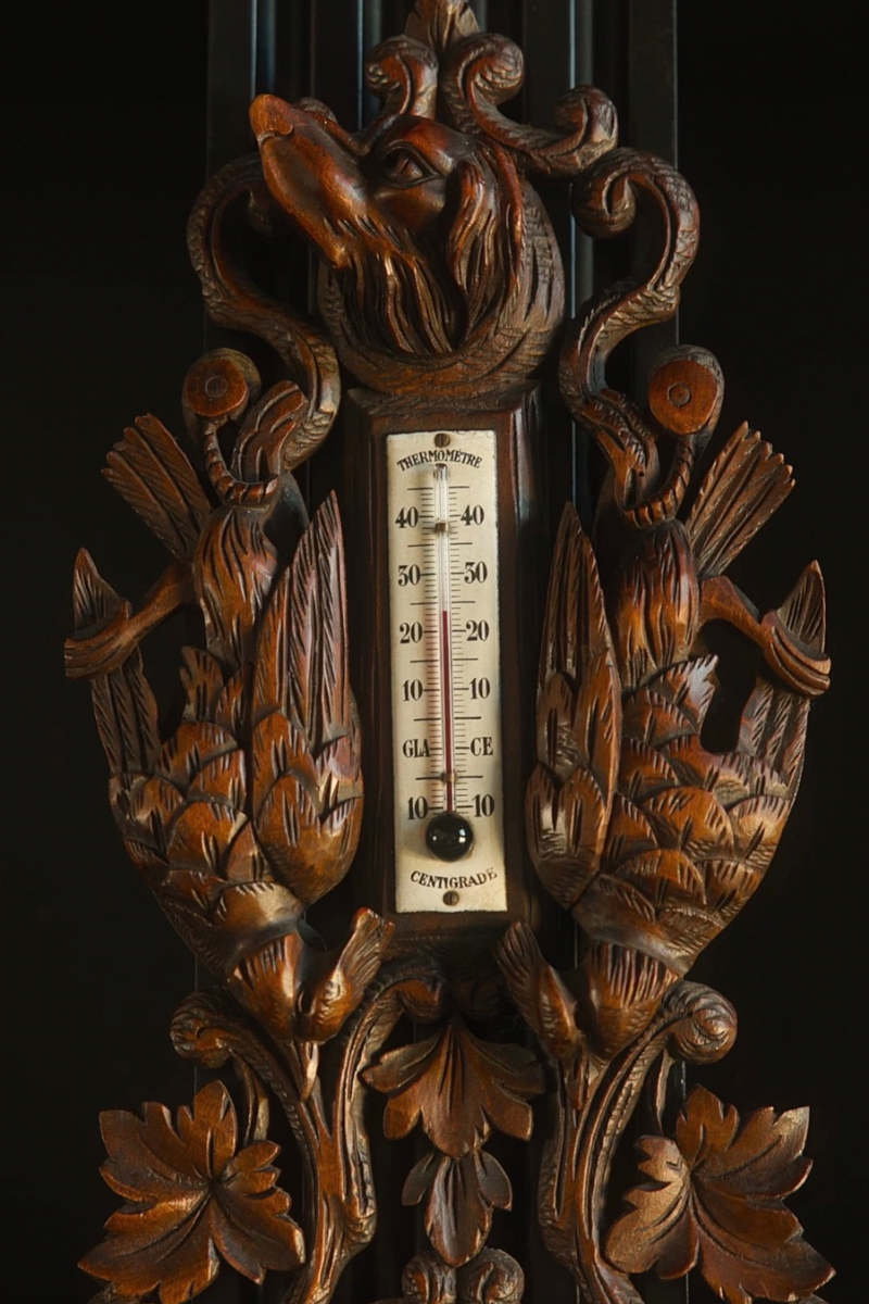 19th C. Black Forrest Carved Hunt Barometer & Thermometer
