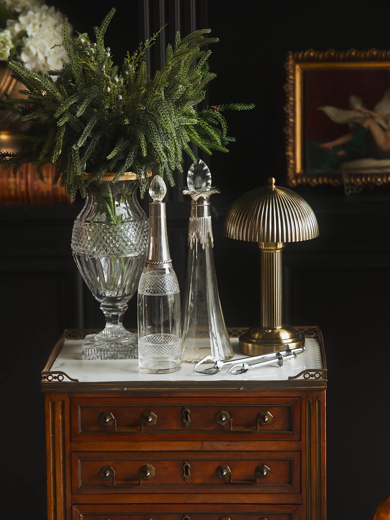 Elegant Tapered Glass Decanter with Ornate Silver Collar